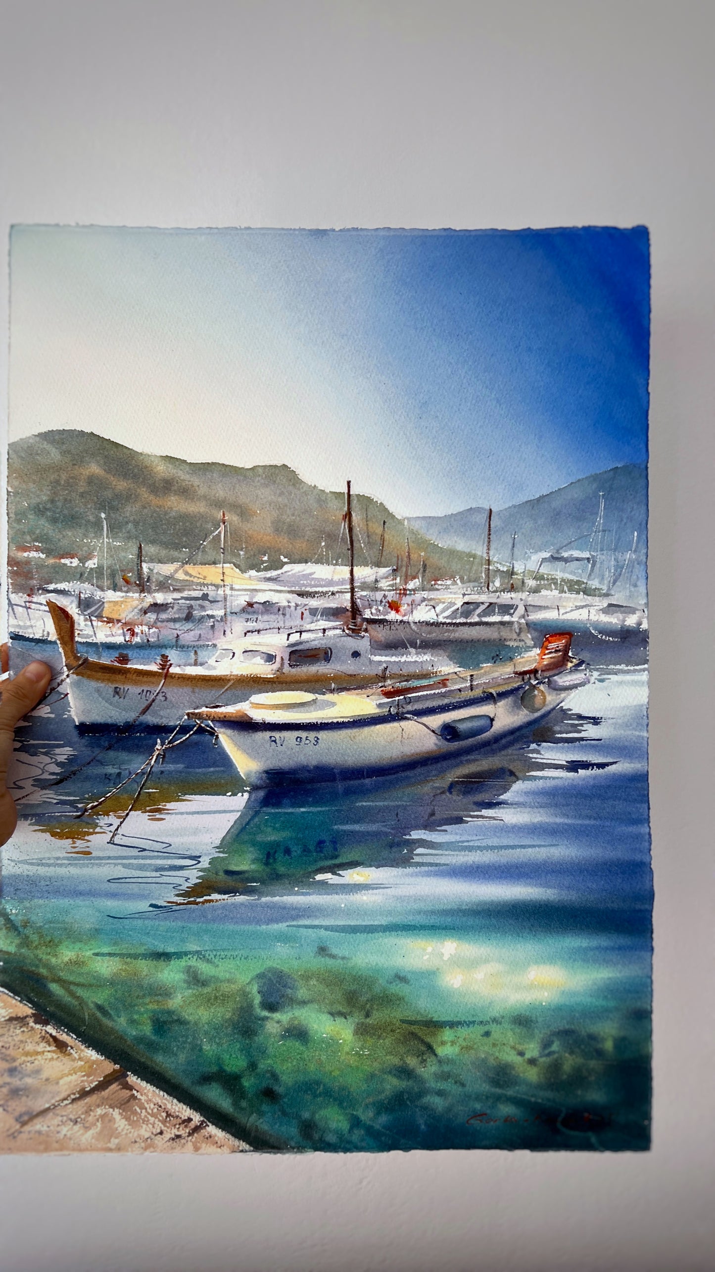 Seascape Watercolor Painting, Boat Harbor Wall Art, Morning at the pier 15x22