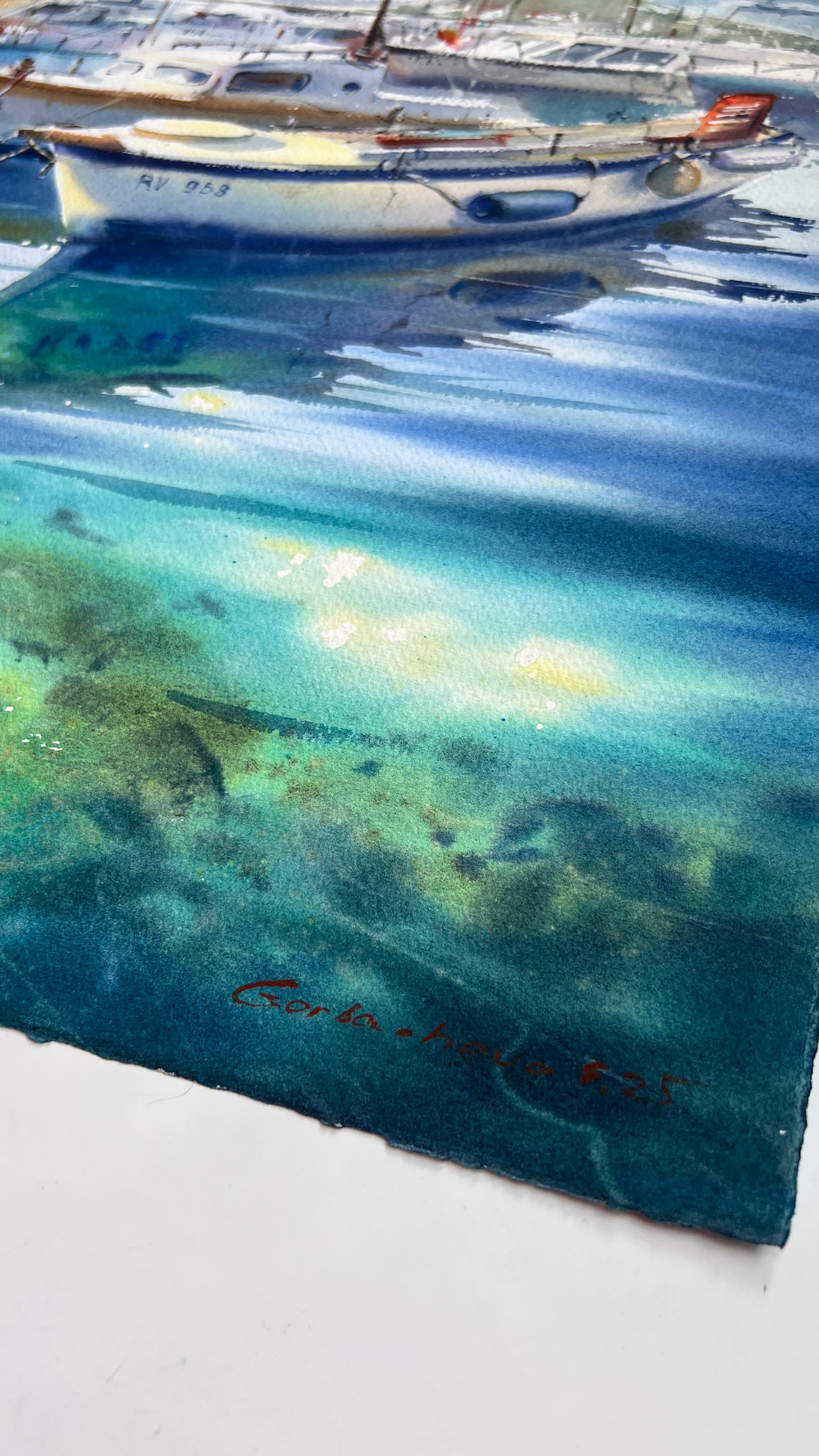 Seascape Watercolor Painting, Boat Harbor Wall Art, Morning at the pier 15x22