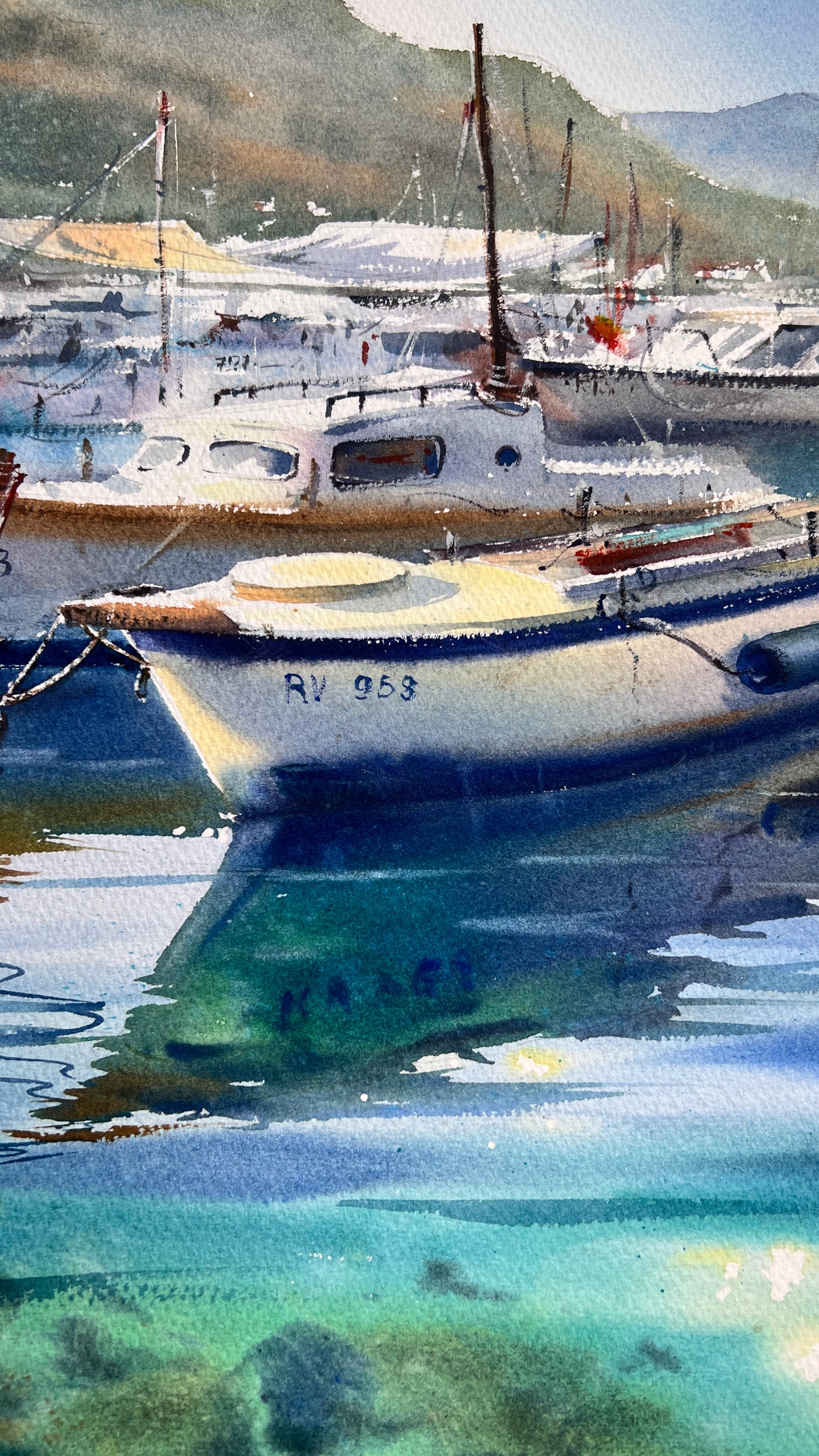 Seascape Watercolor Painting, Boat Harbor Wall Art, Morning at the pier 15x22