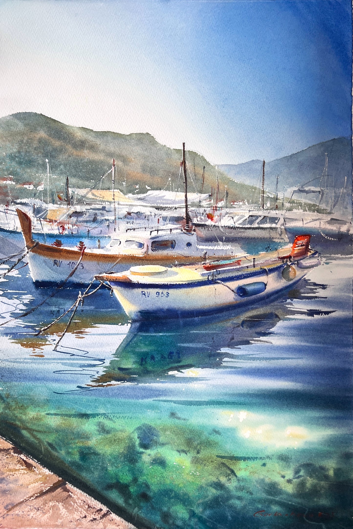 Seascape Watercolor Painting, Boat Harbor Wall Art, Morning at the pier 15x22