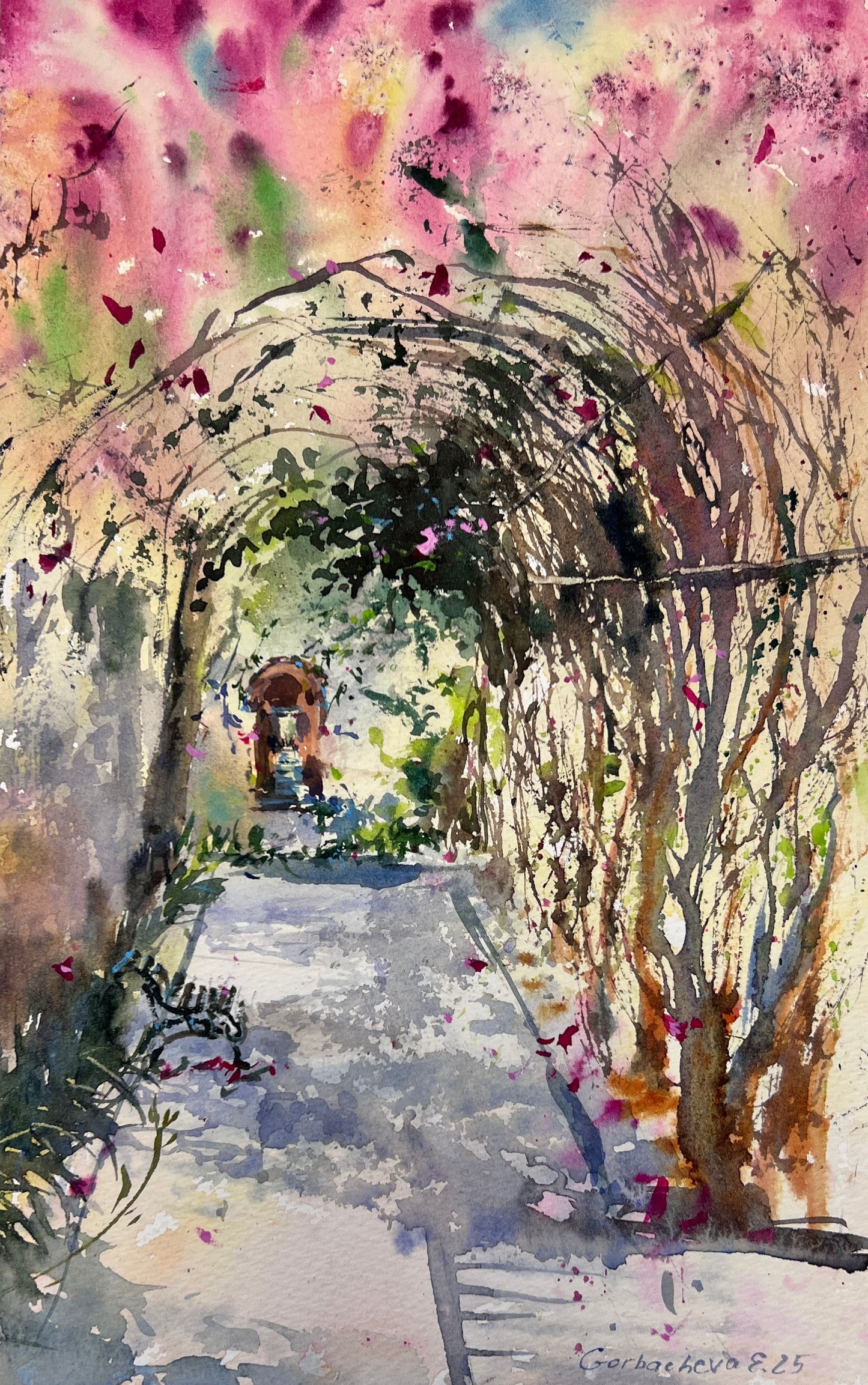 Original Watercolor Garden Arch Painting, Bougainvillea Tunnel #2, 7 x12 in