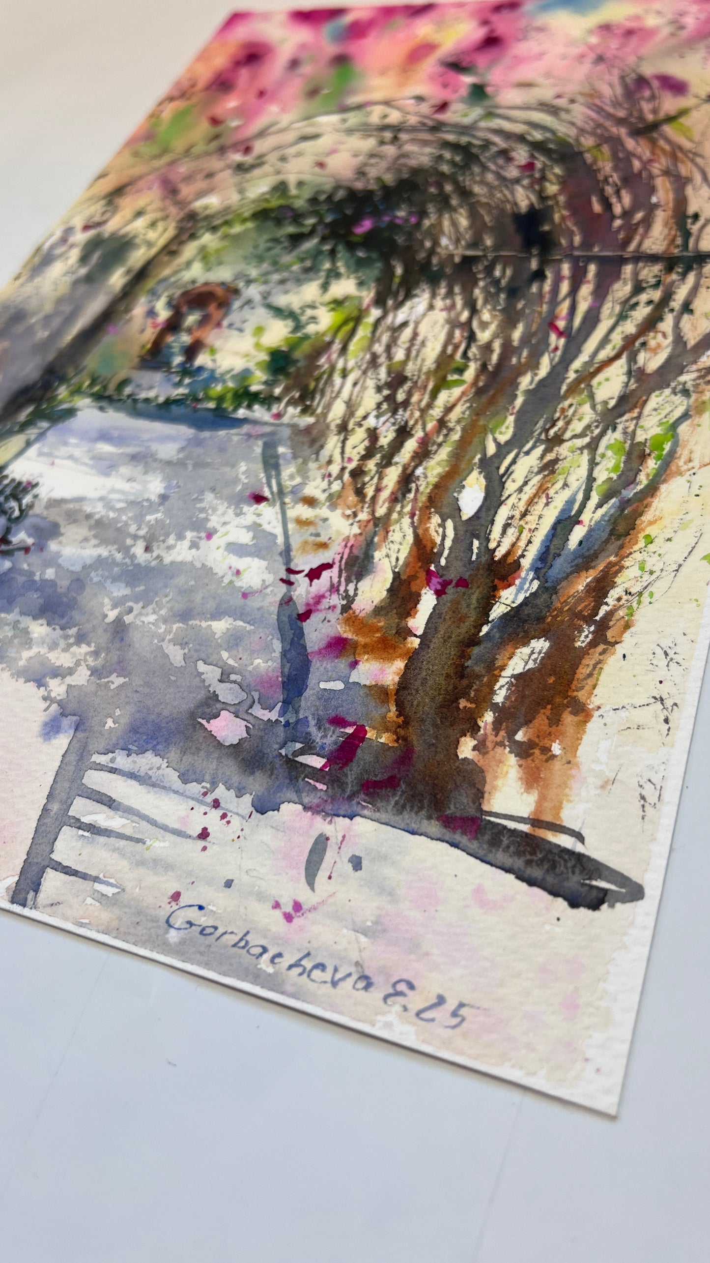 Original Watercolor Garden Arch Painting, Bougainvillea Tunnel #2, 7 x12 in