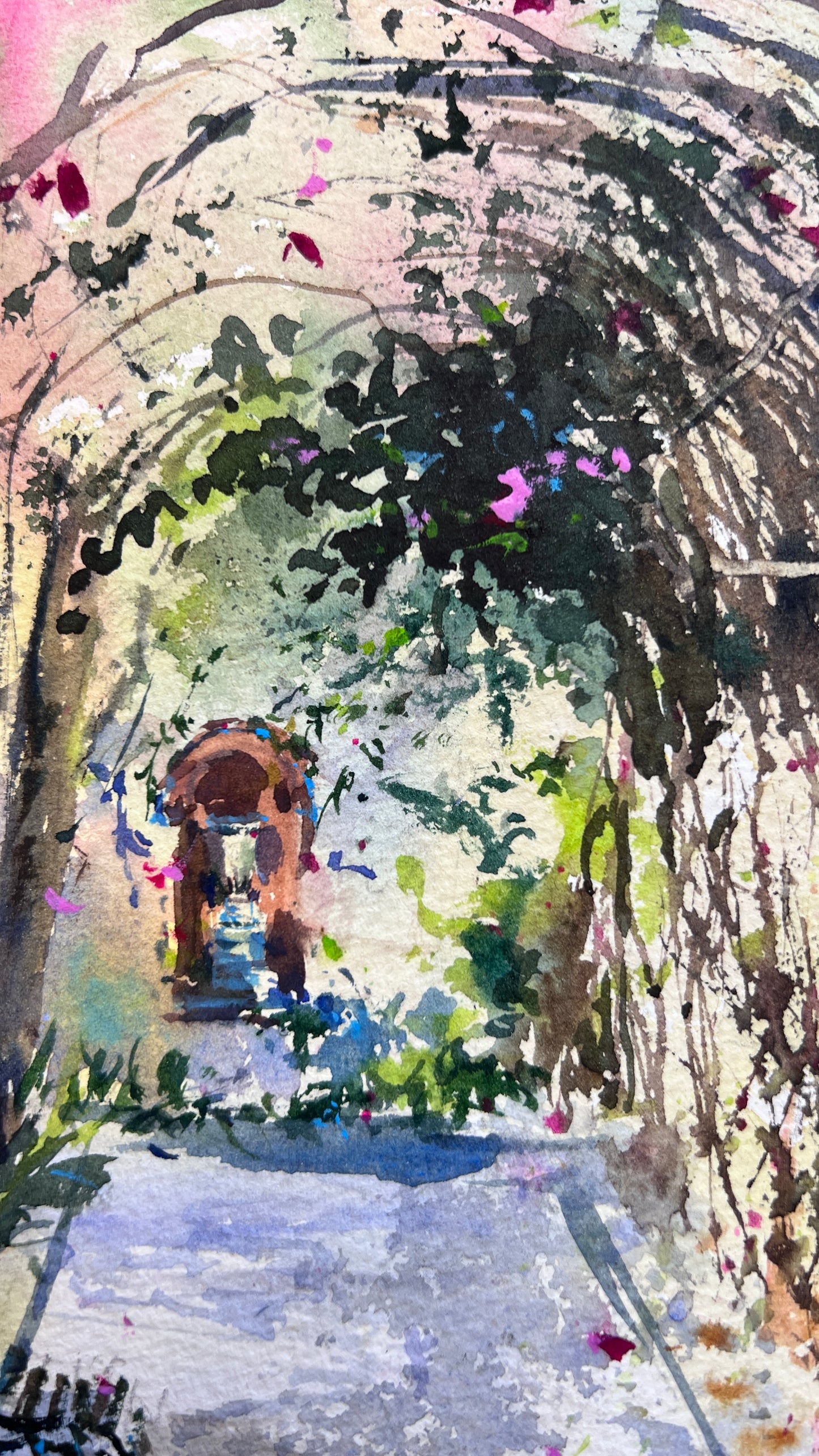 Original Watercolor Garden Arch Painting, Bougainvillea Tunnel #2, 7 x12 in