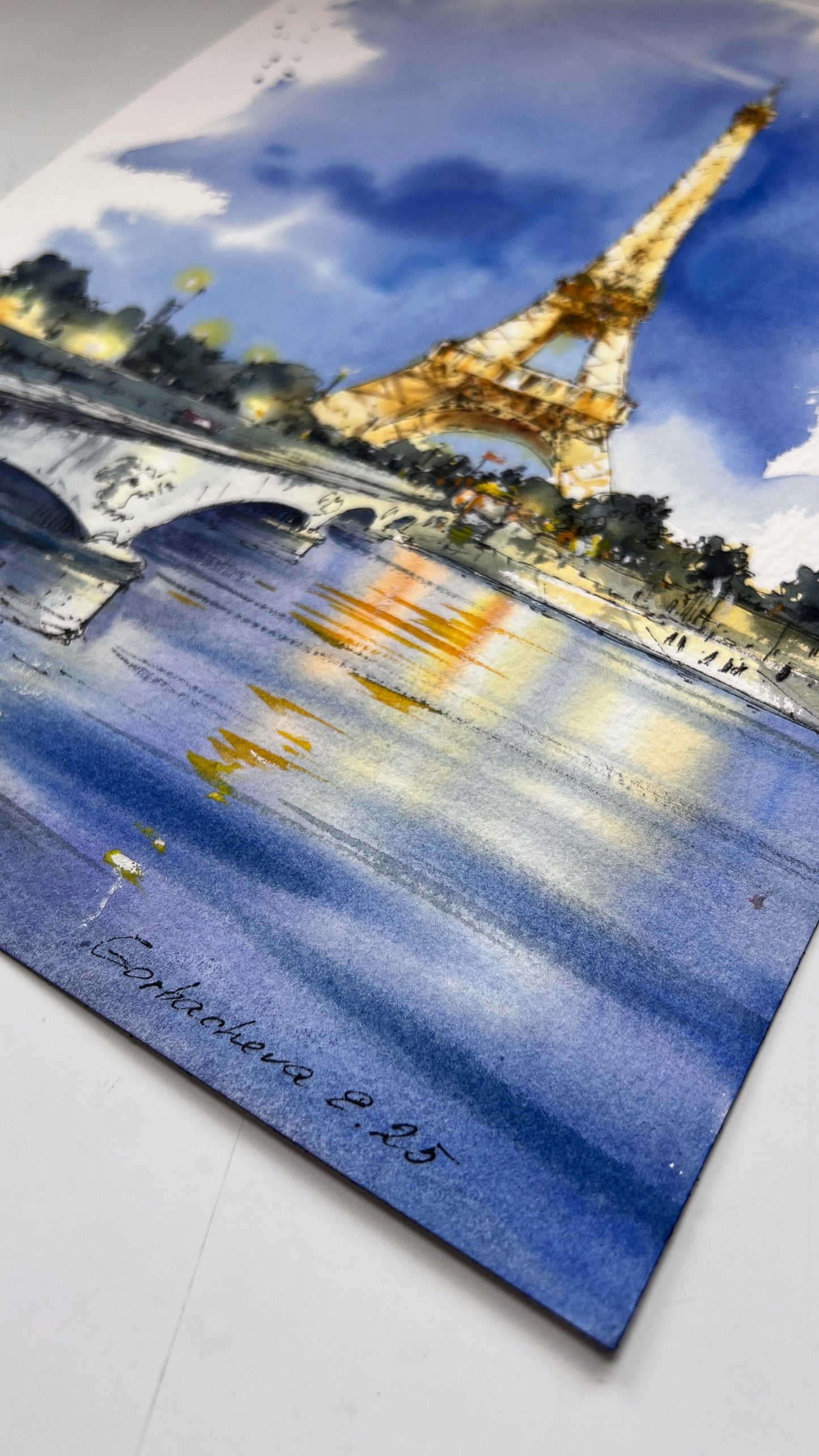 Eiffel Tower Watercolor Painting at Night, Paris Cityscape Art, Paris Lights 9x12 in