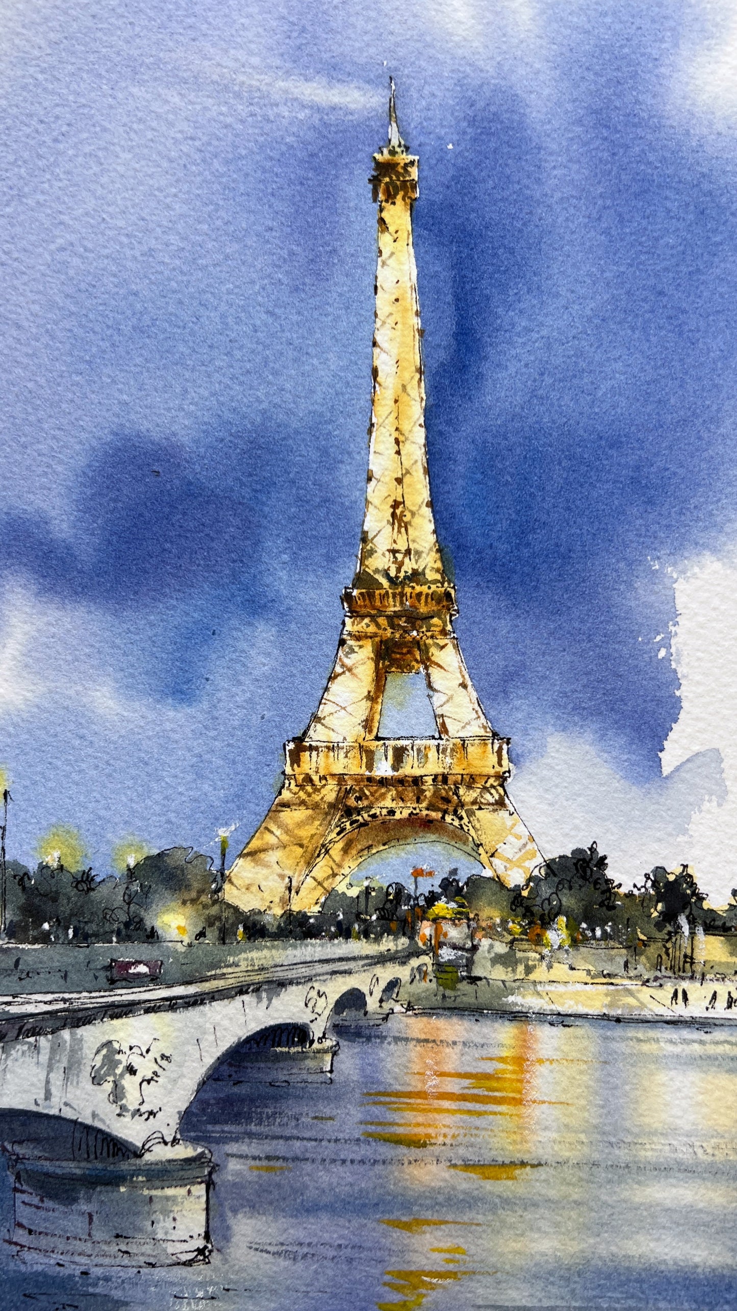 Eiffel Tower Watercolor Painting at Night, Paris Cityscape Art, Paris Lights 9x12 in