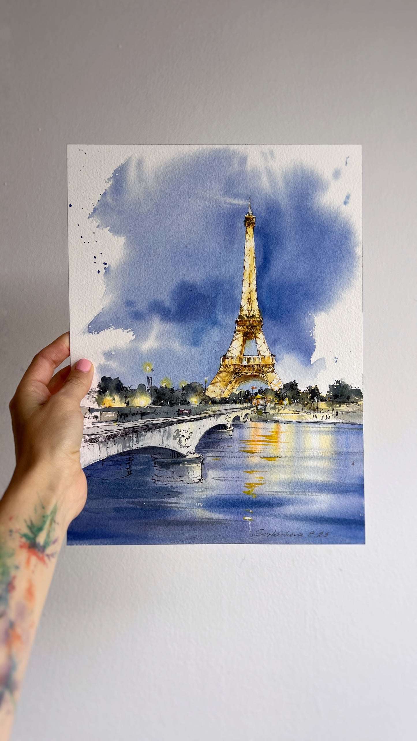 Eiffel Tower Watercolor Painting at Night, Paris Cityscape Art, Paris Lights 9x12 in
