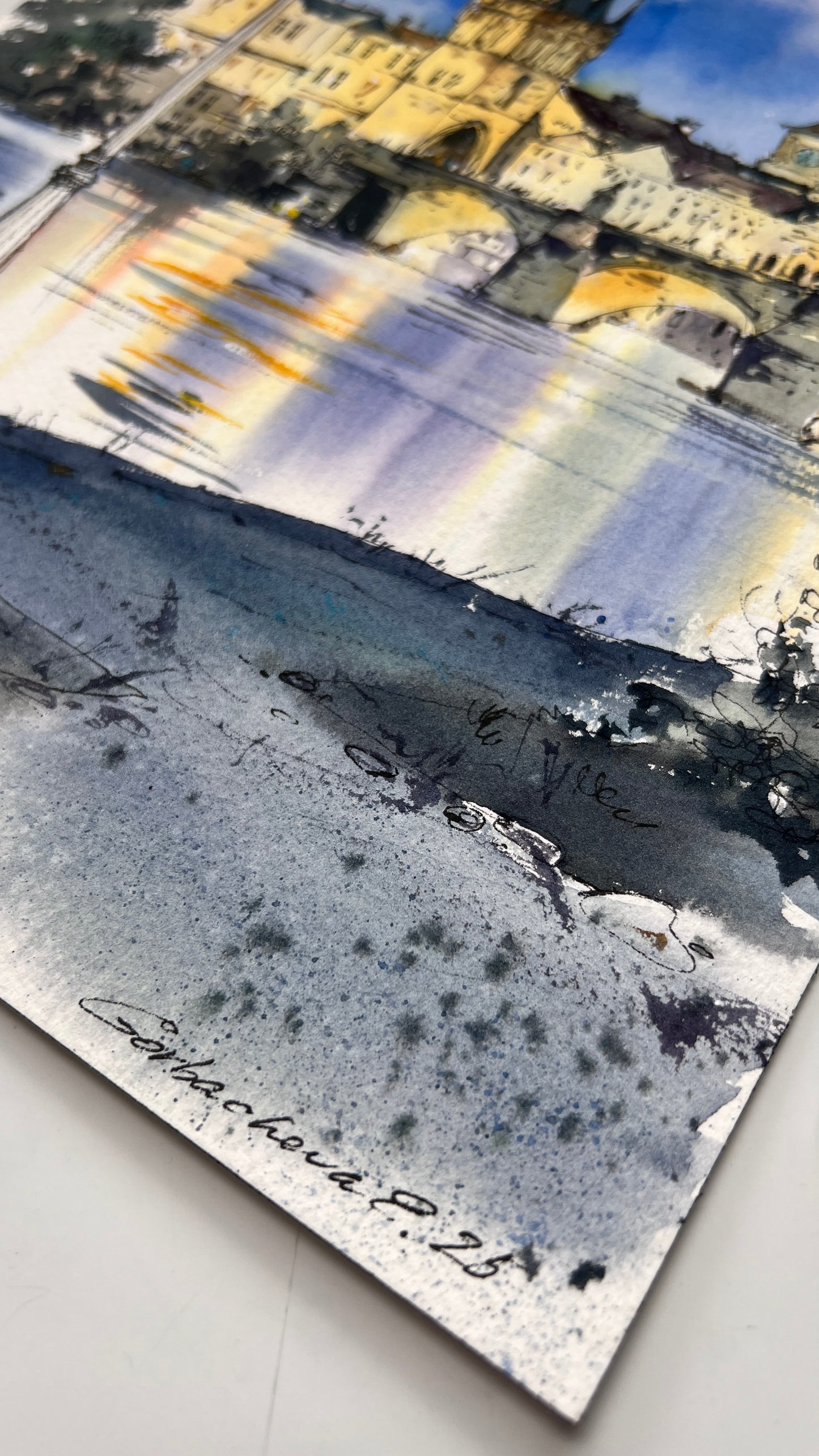 Charles Bridge Prague Watercolor Painting, Old Town Tower Art, Golden Prague Echo 9x12 in