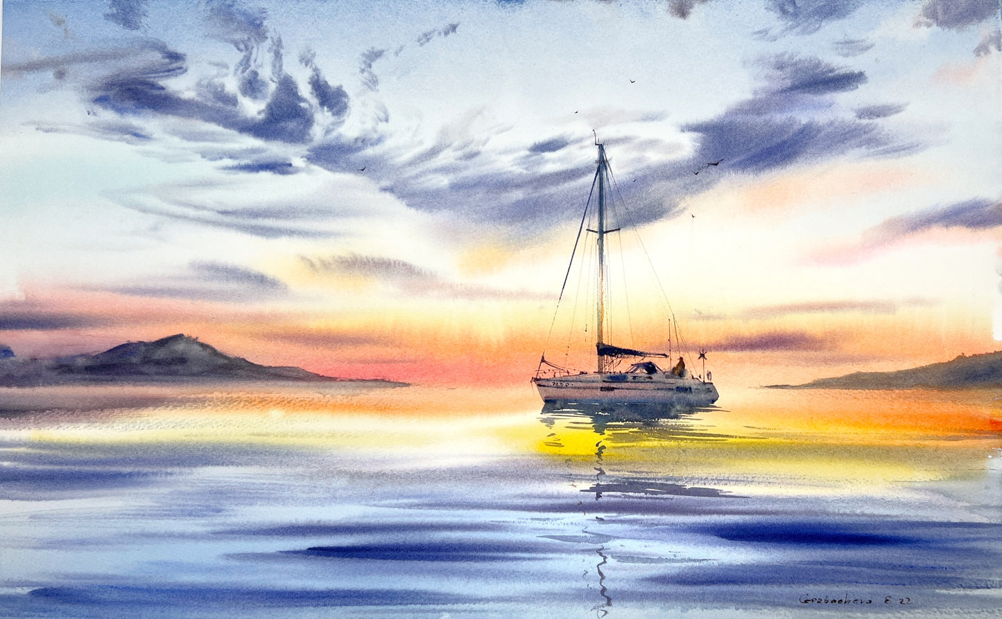 Large Sailboat Sunset Painting, Yachts at sunset #7 13x22 in