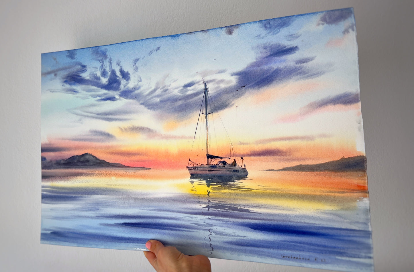 Large Sailboat Sunset Painting, Yachts at sunset #7 13x22 in