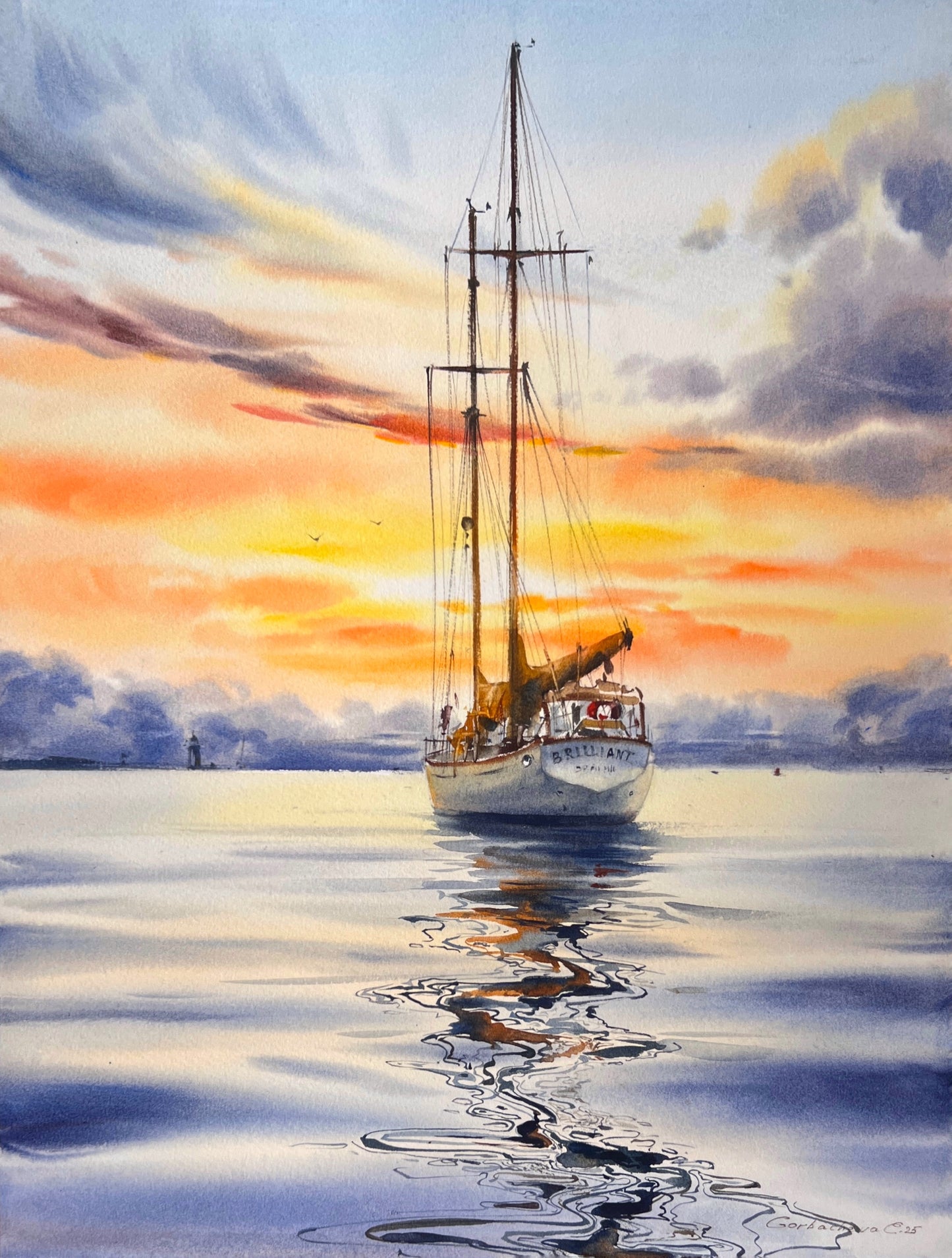 Original Watercolor Painting | Schooner Brilliant at Sunset |Golden hour on a yacht 12x16 in