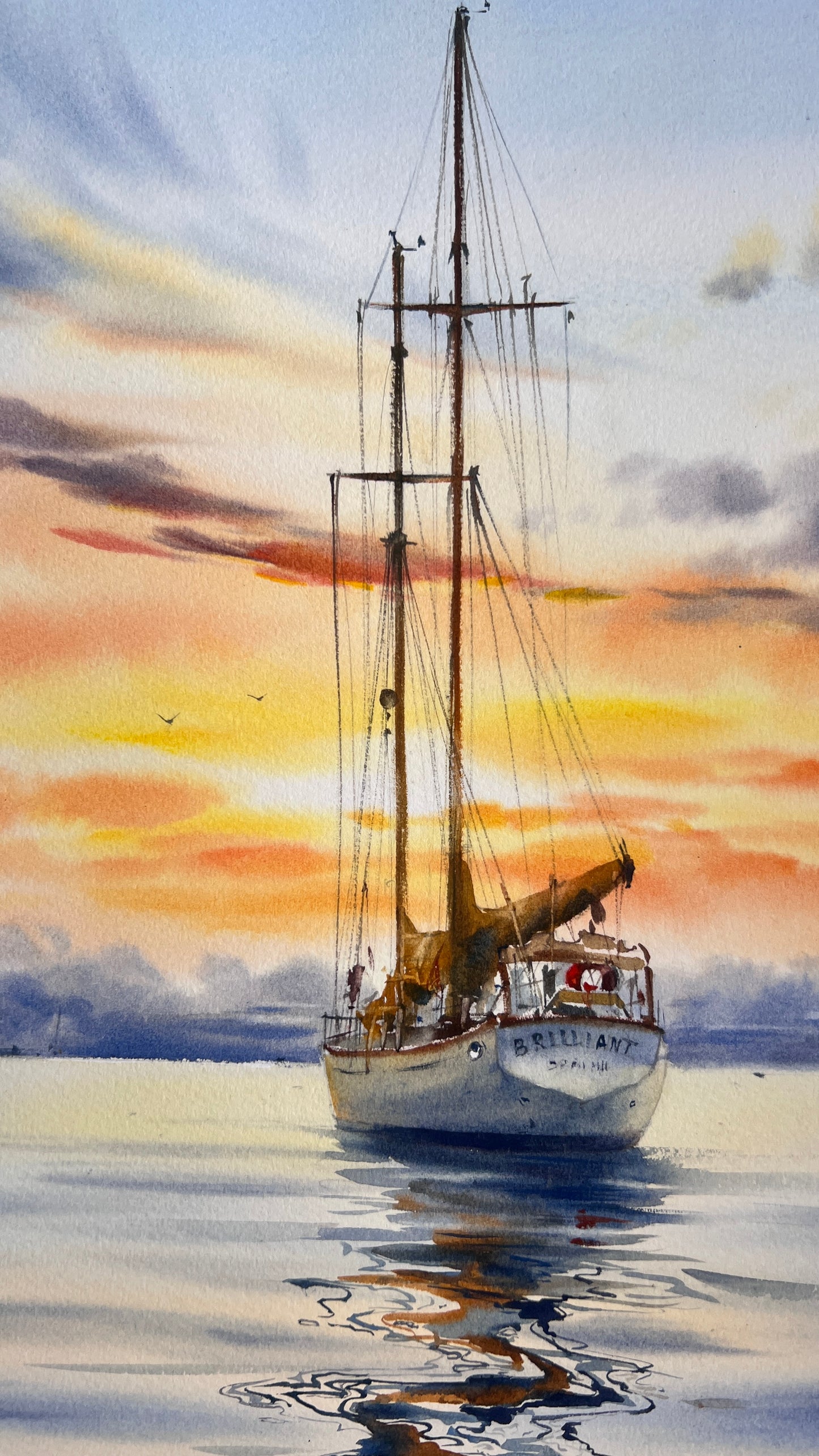 Original Watercolor Painting | Schooner Brilliant at Sunset |Golden hour on a yacht 12x16 in