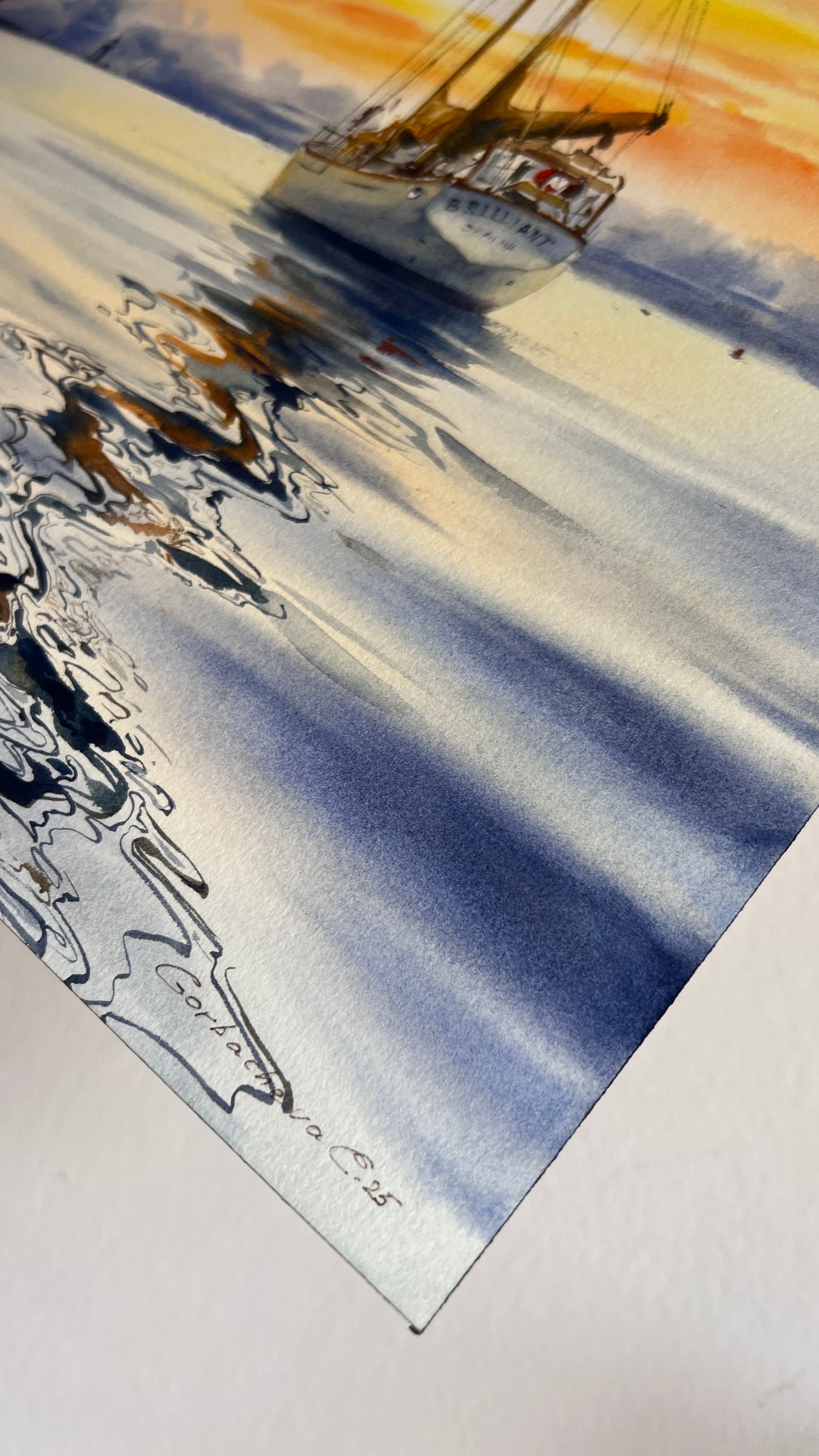 Original Watercolor Painting | Schooner Brilliant at Sunset |Golden hour on a yacht 12x16 in