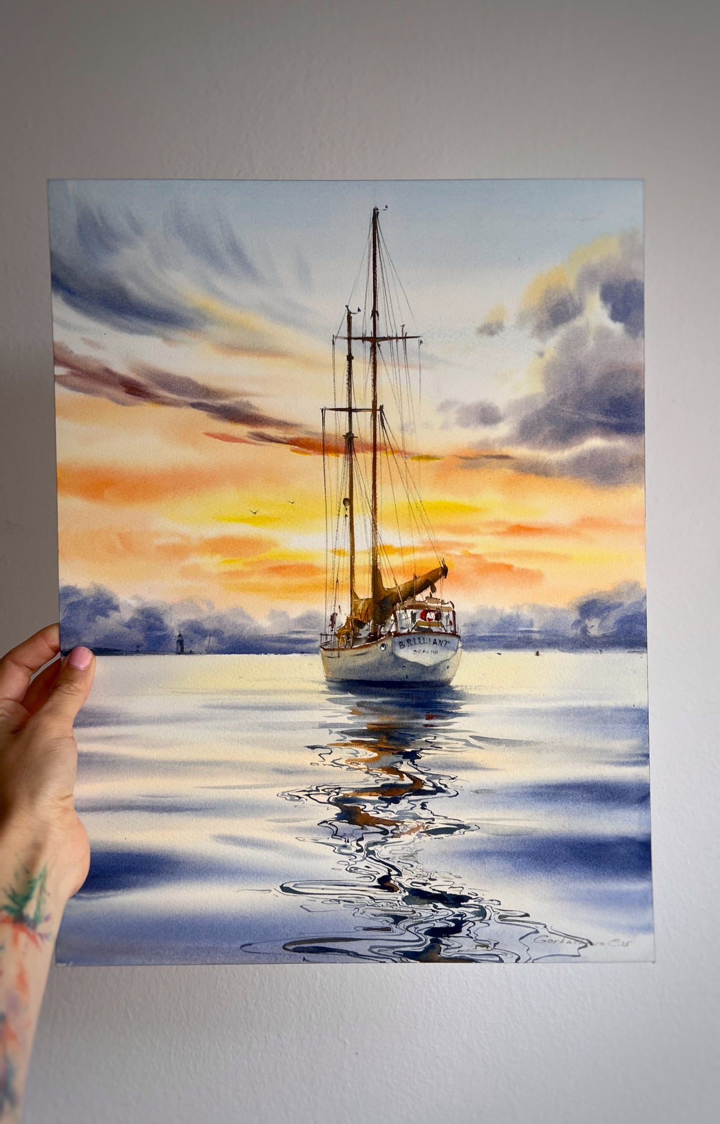 Original Watercolor Painting | Schooner Brilliant at Sunset |Golden hour on a yacht 12x16 in
