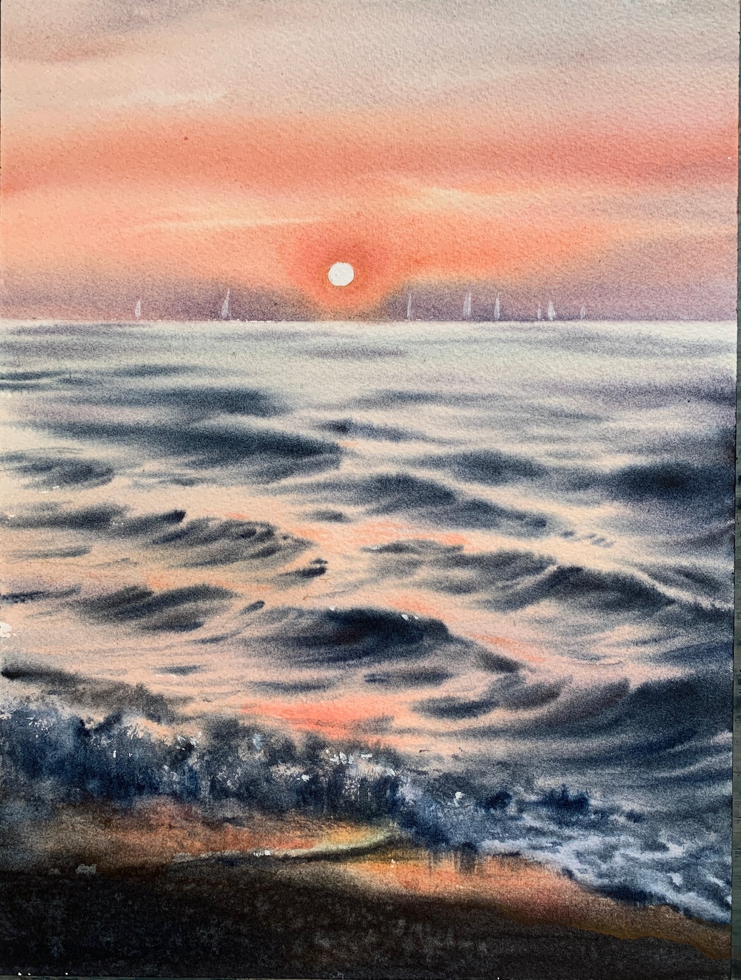 Pink Sunset Sea Watercolor Painting, Orange sunset #7 9x12