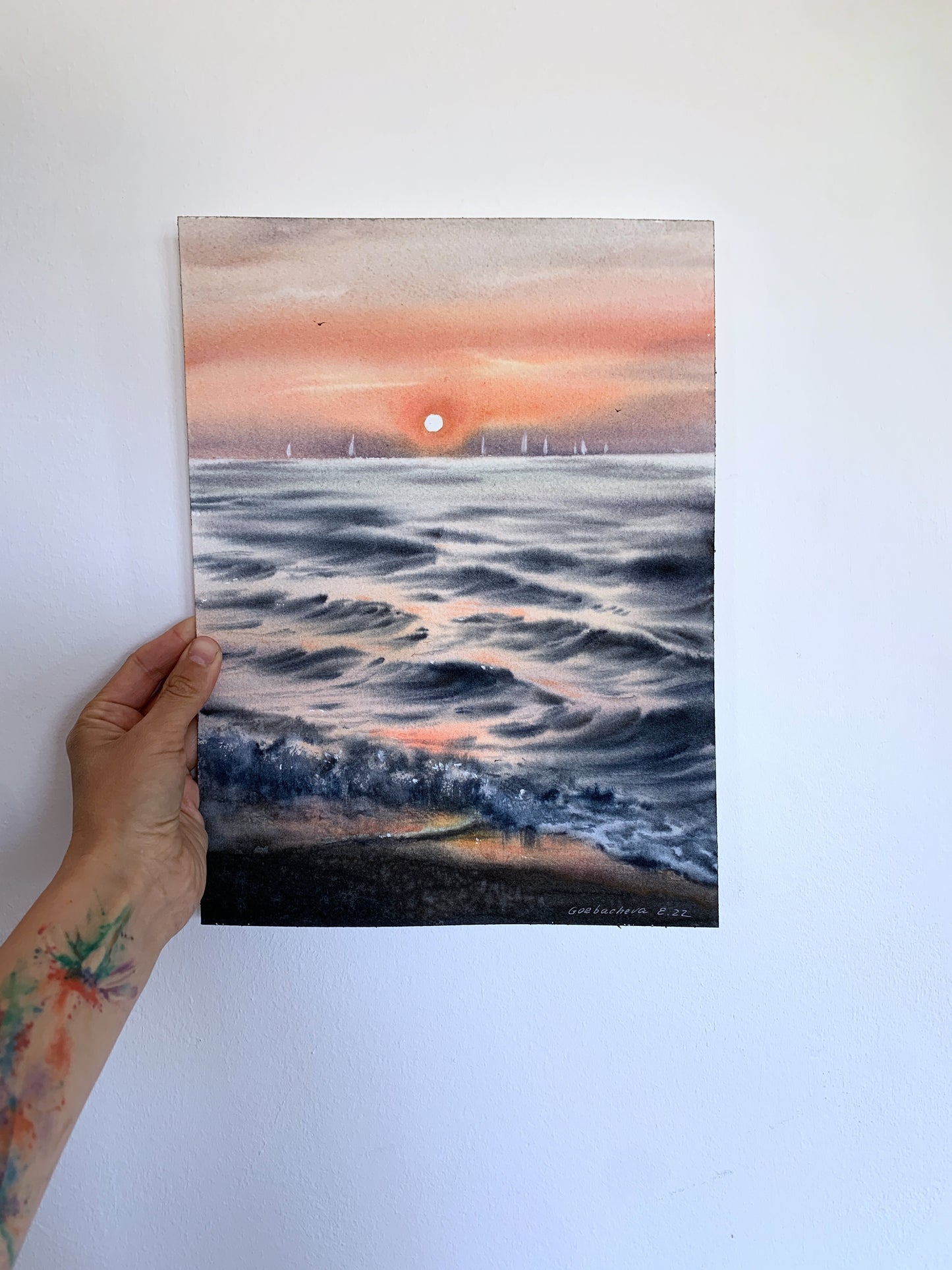 Pink Sunset Sea Watercolor Painting, Orange sunset #7 9x12