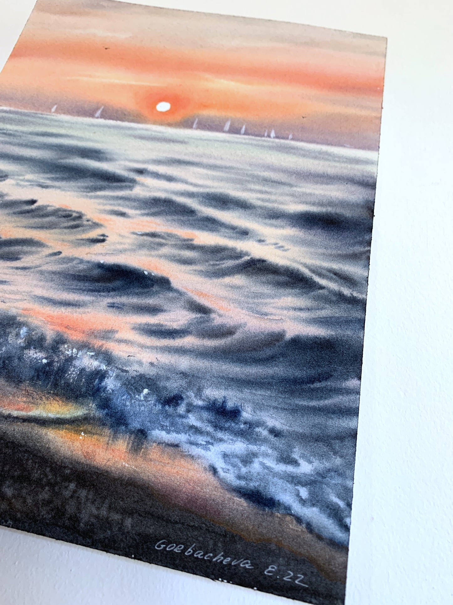 Pink Sunset Sea Watercolor Painting, Orange sunset #7 9x12