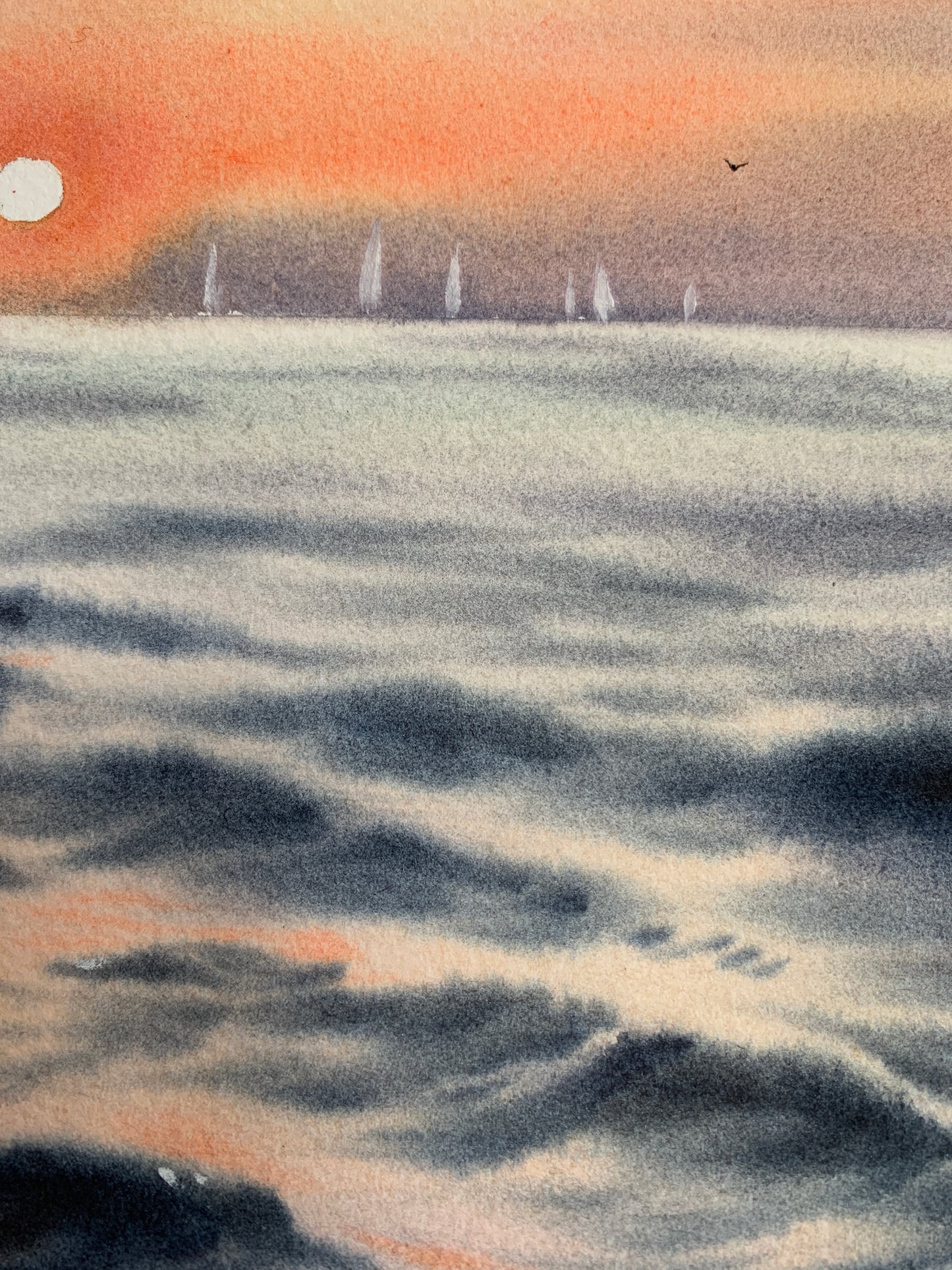 Pink Sunset Sea Watercolor Painting, Orange sunset #7 9x12