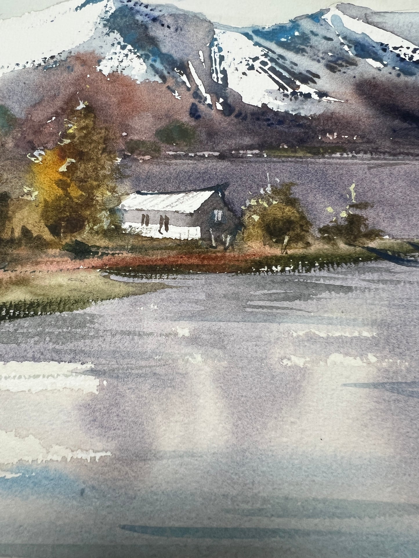 Lake View Painting, Original Watercolor House in the Mountains, Scenic Art for Home Decor, Perfect Nature Lover Gift