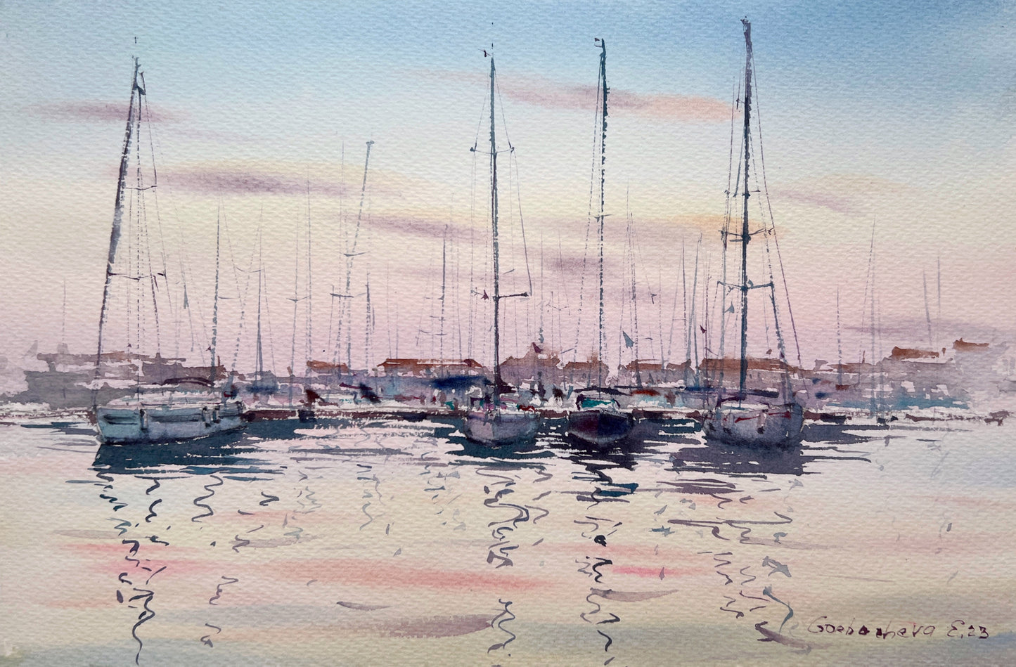Nautical Painting - Original Watercolor of Yachts on the Pier in Pink Sunset #2, Ideal for Seascape Art Lovers, Perfect Sailing Art Gift