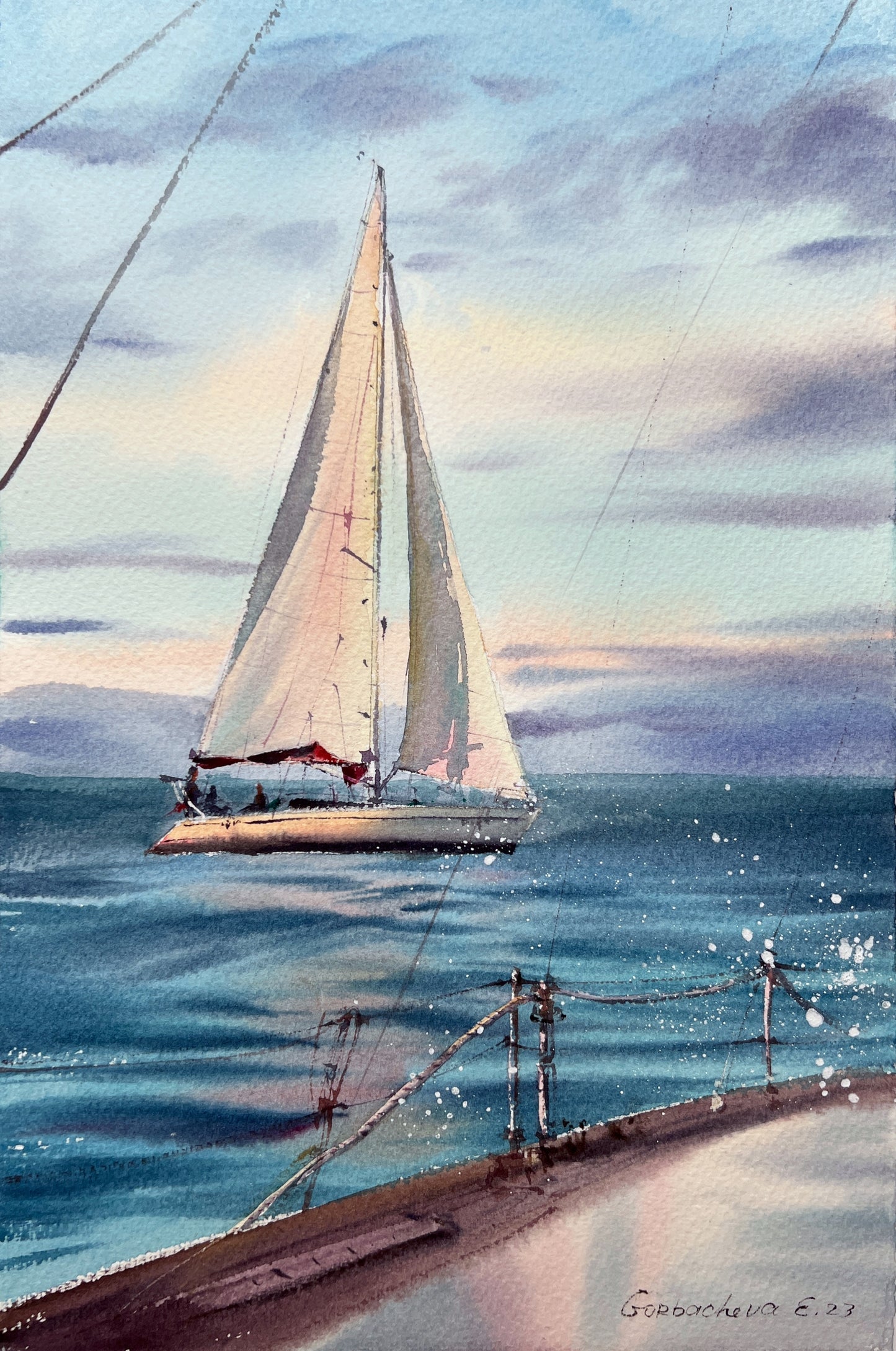 Sea Sailboat Small Painting, Watercolor Original - Yachts at Sea #19