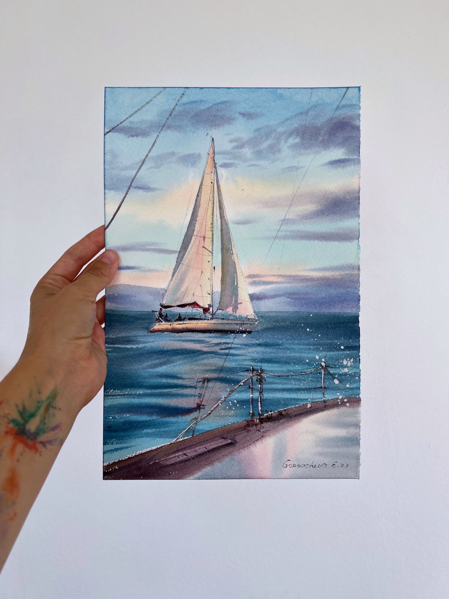 Sea Sailboat Small Painting, Watercolor Original - Yachts at Sea #19