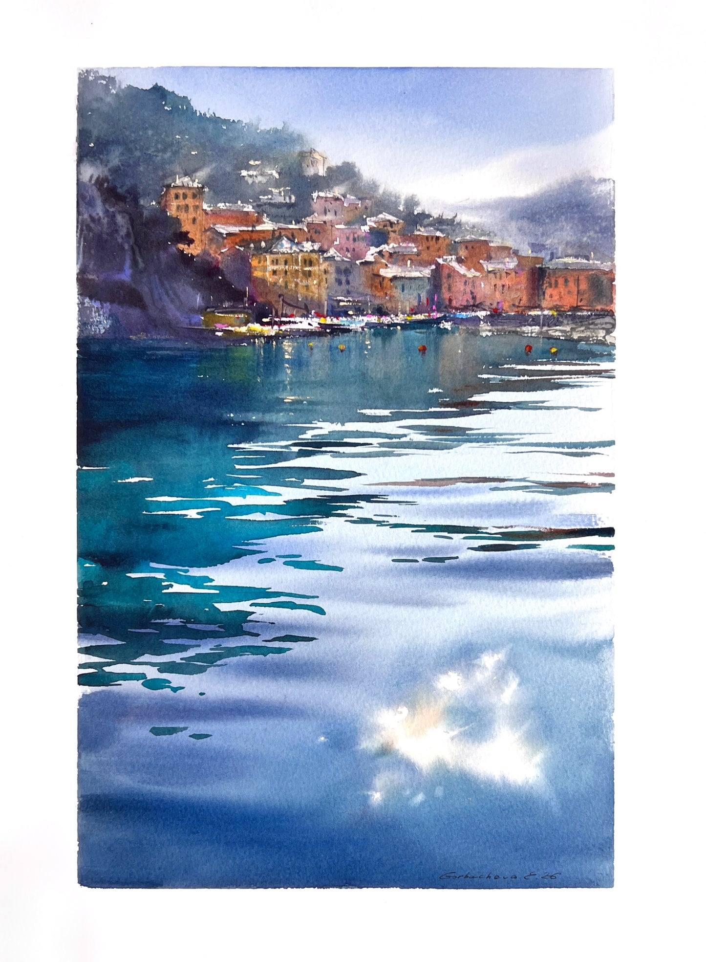 Camogli Italy Watercolor Painting, Coastal Harbor Art, Blue Italian Morning. Camogli 9x14