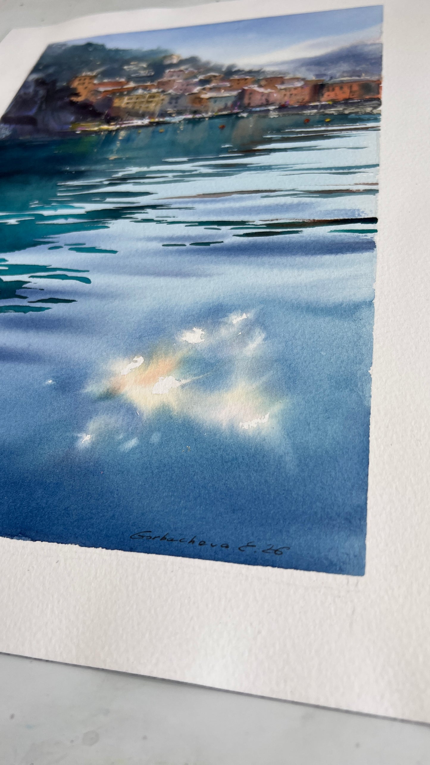 Camogli Italy Watercolor Painting, Coastal Harbor Art, Blue Italian Morning. Camogli 9x14