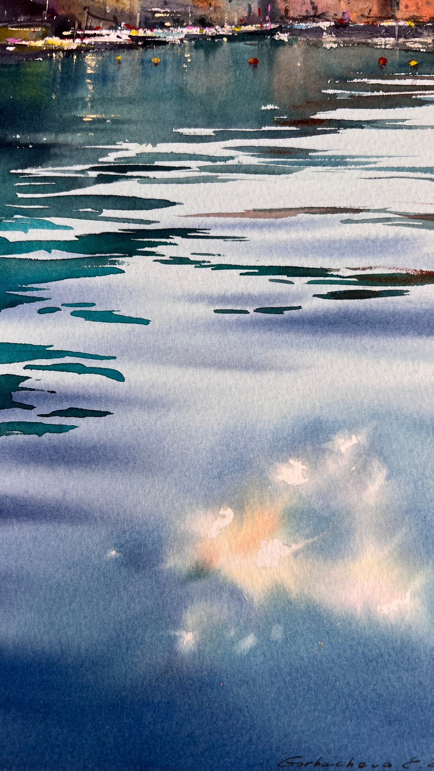 Camogli Italy Watercolor Painting, Coastal Harbor Art, Blue Italian Morning. Camogli 9x14