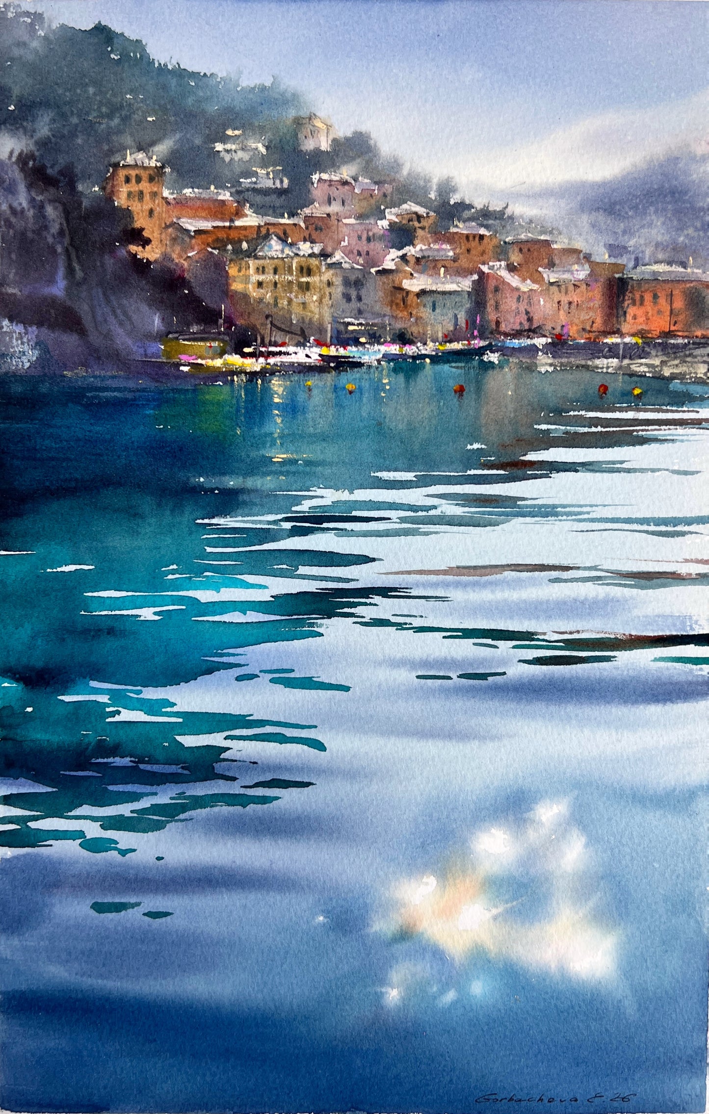 Camogli Italy Watercolor Painting, Coastal Harbor Art, Blue Italian Morning. Camogli 9x14