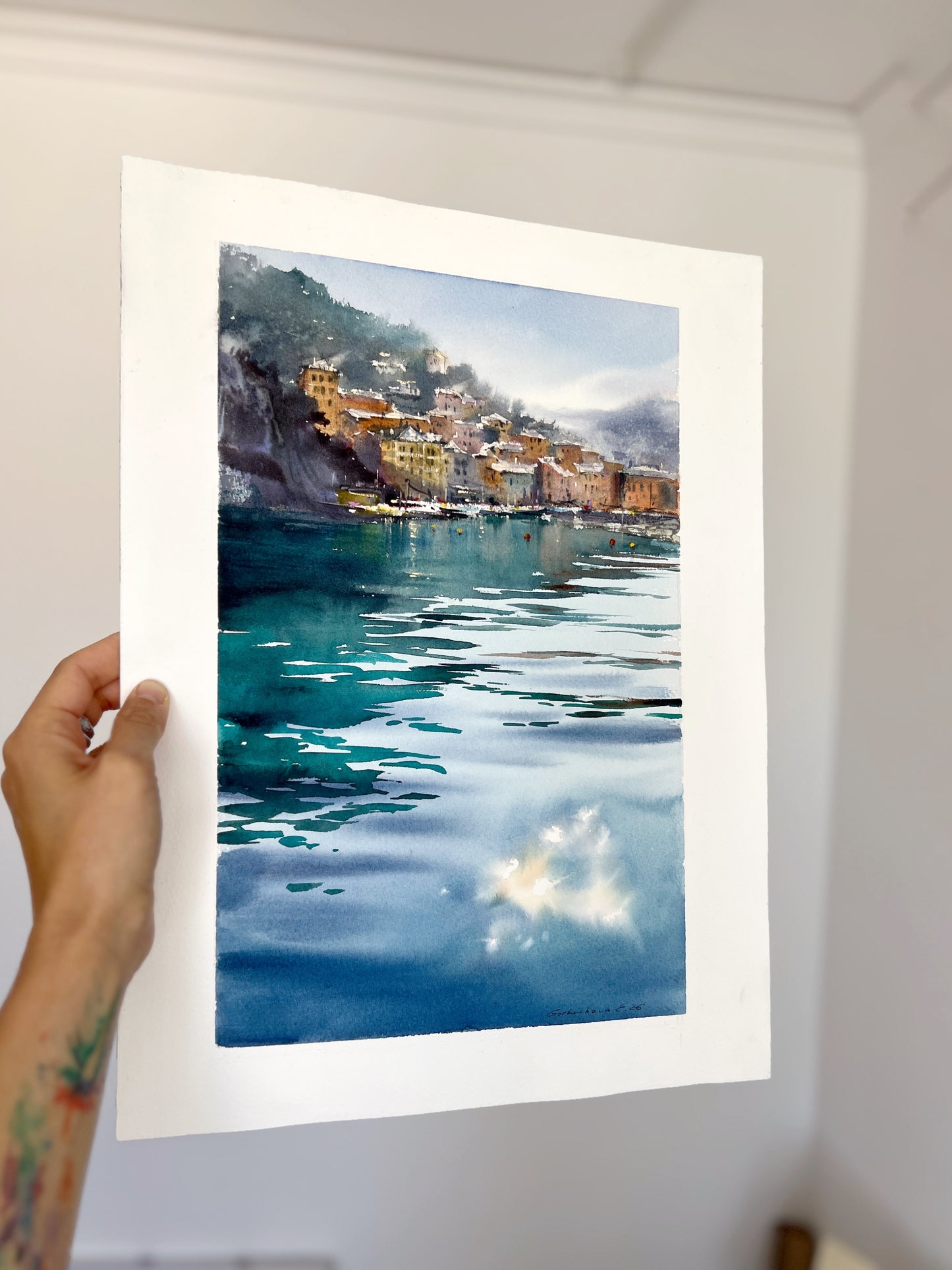 Camogli Italy Watercolor Painting, Coastal Harbor Art, Blue Italian Morning. Camogli 9x14