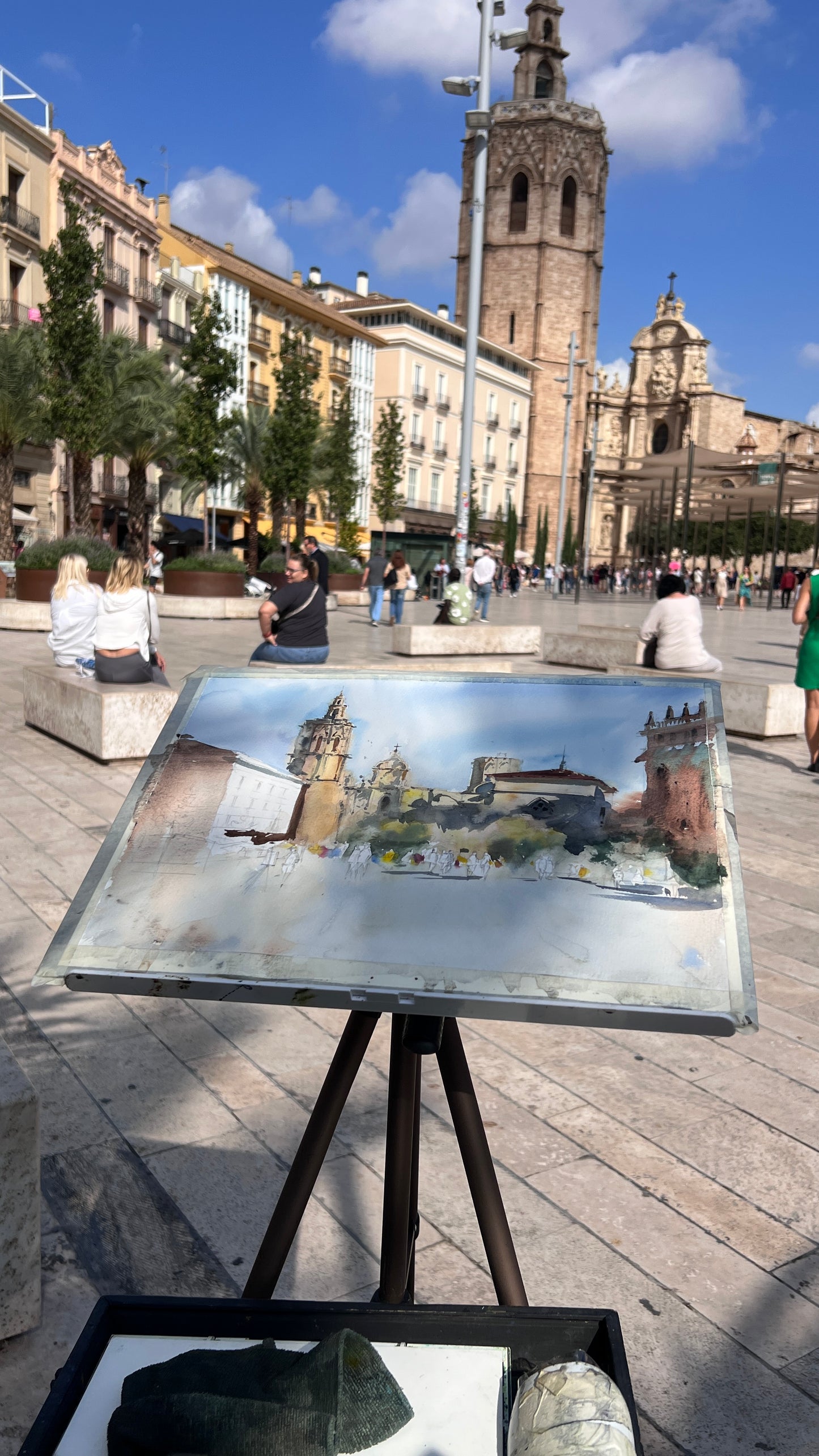 Original Valencia Spain Painting, Plaza de la Reina Watercolor Art, Light on the Reina 12х16