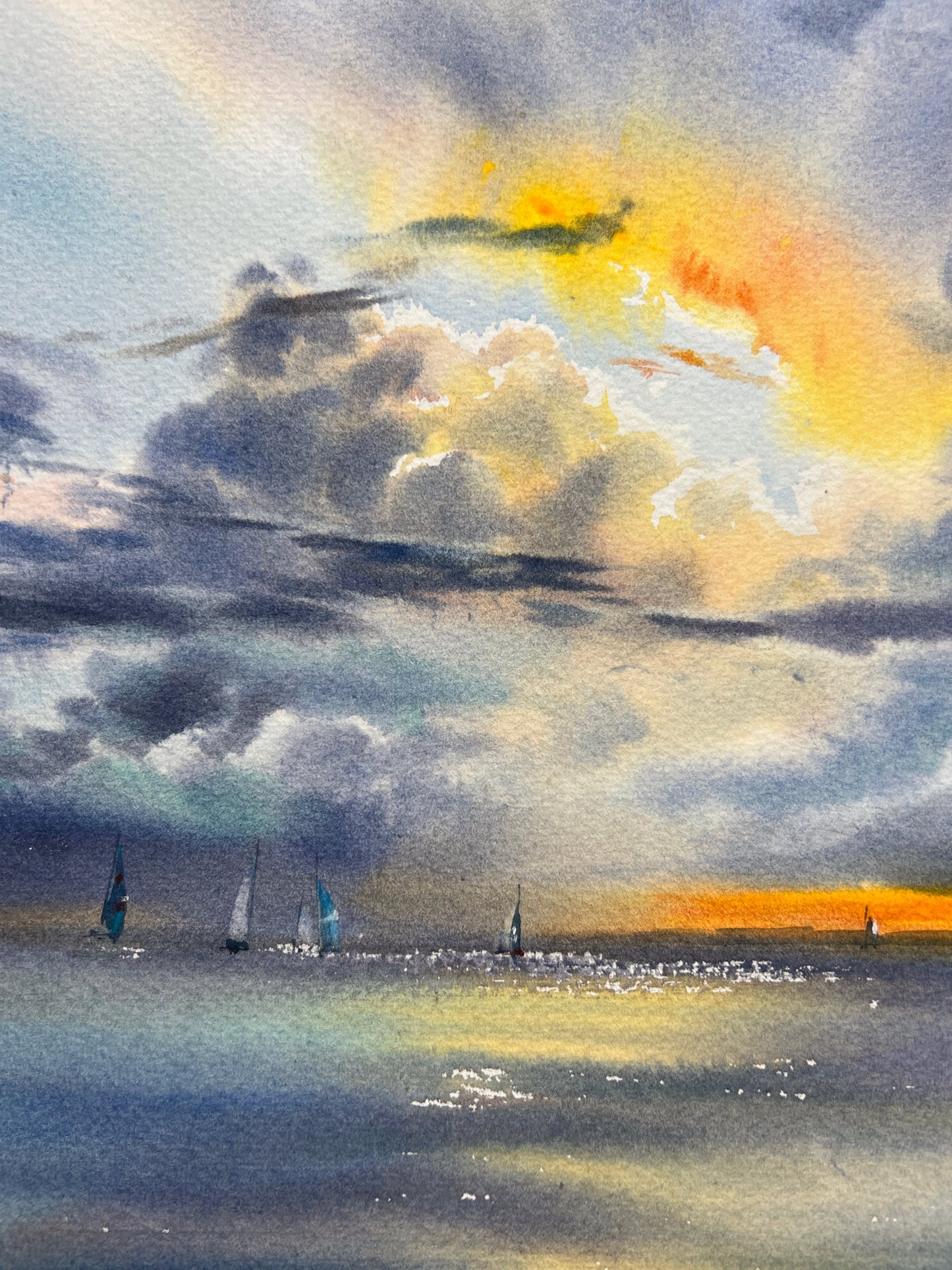 Serene Watercolor Sailboats Under Sunlit Clouds - Yachts at sunset #21