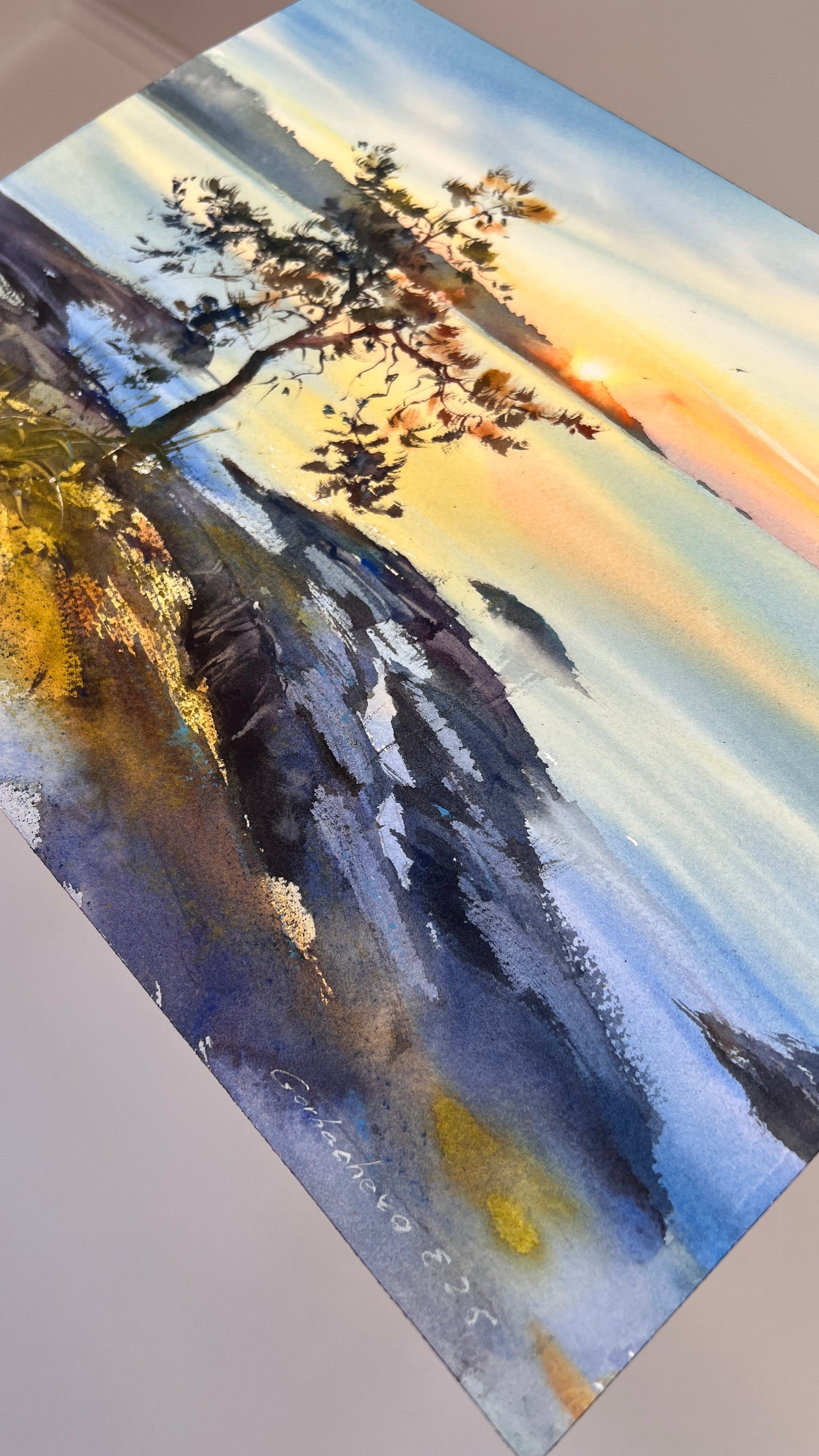 Ladoga Watercolor Painting, Lake Sunset Art, Golden Ladoga 12x16