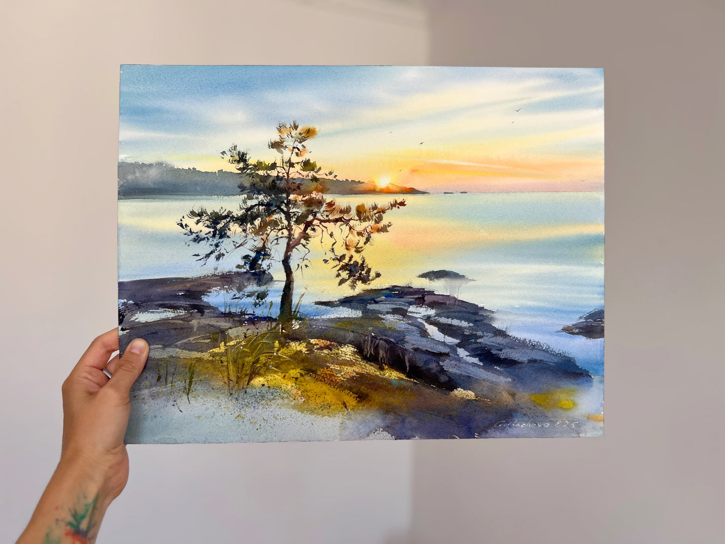 Ladoga Watercolor Painting, Lake Sunset Art, Golden Ladoga 12x16