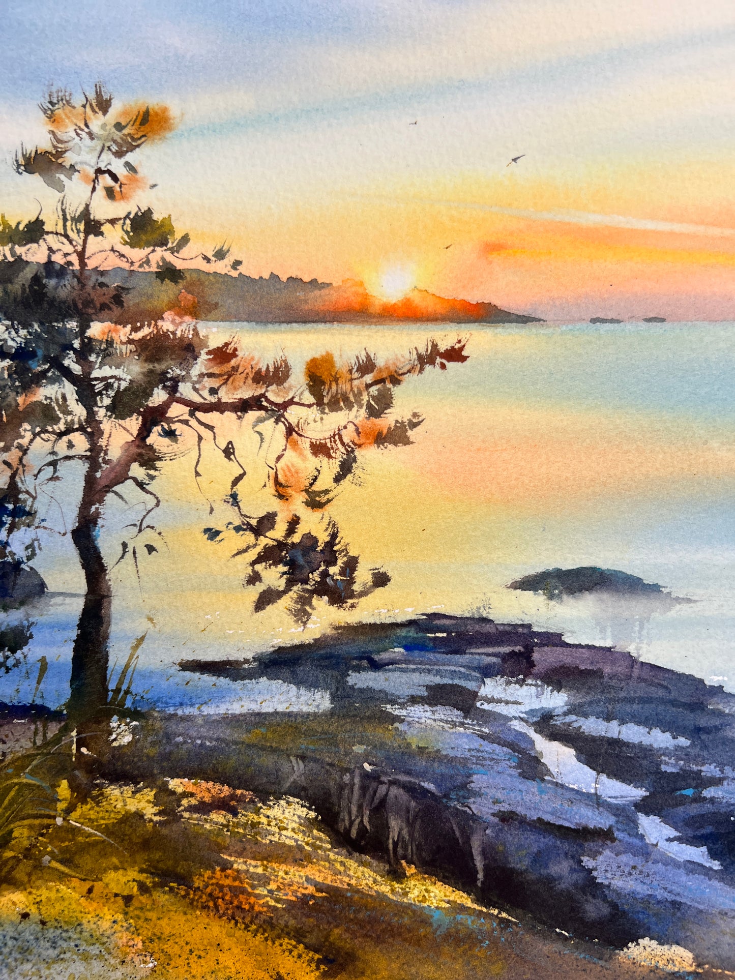 Ladoga Watercolor Painting, Lake Sunset Art, Golden Ladoga 12x16