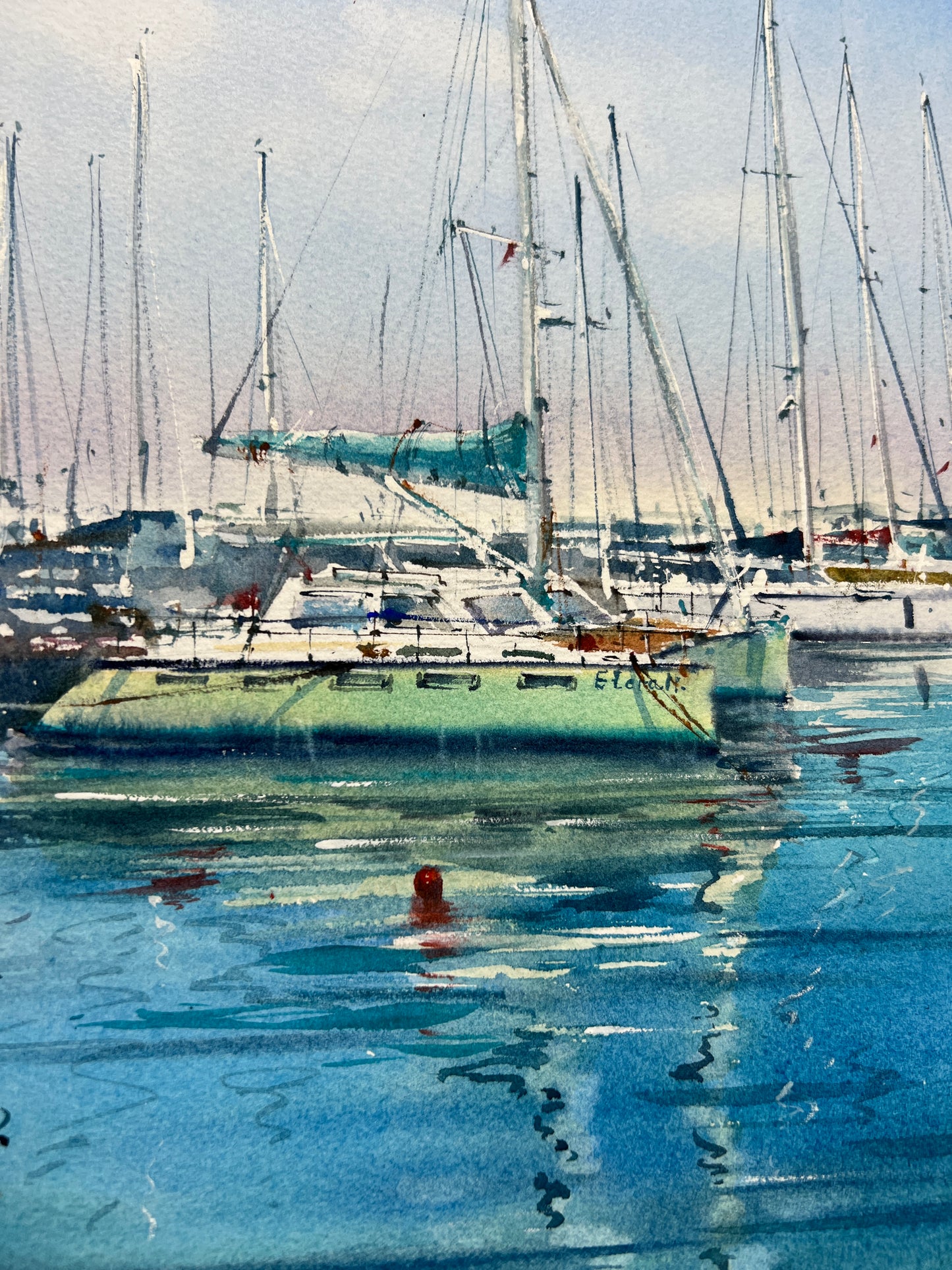 Yachts at Anchor #19 - Watercolor Painting - Blue Sea Marina Art