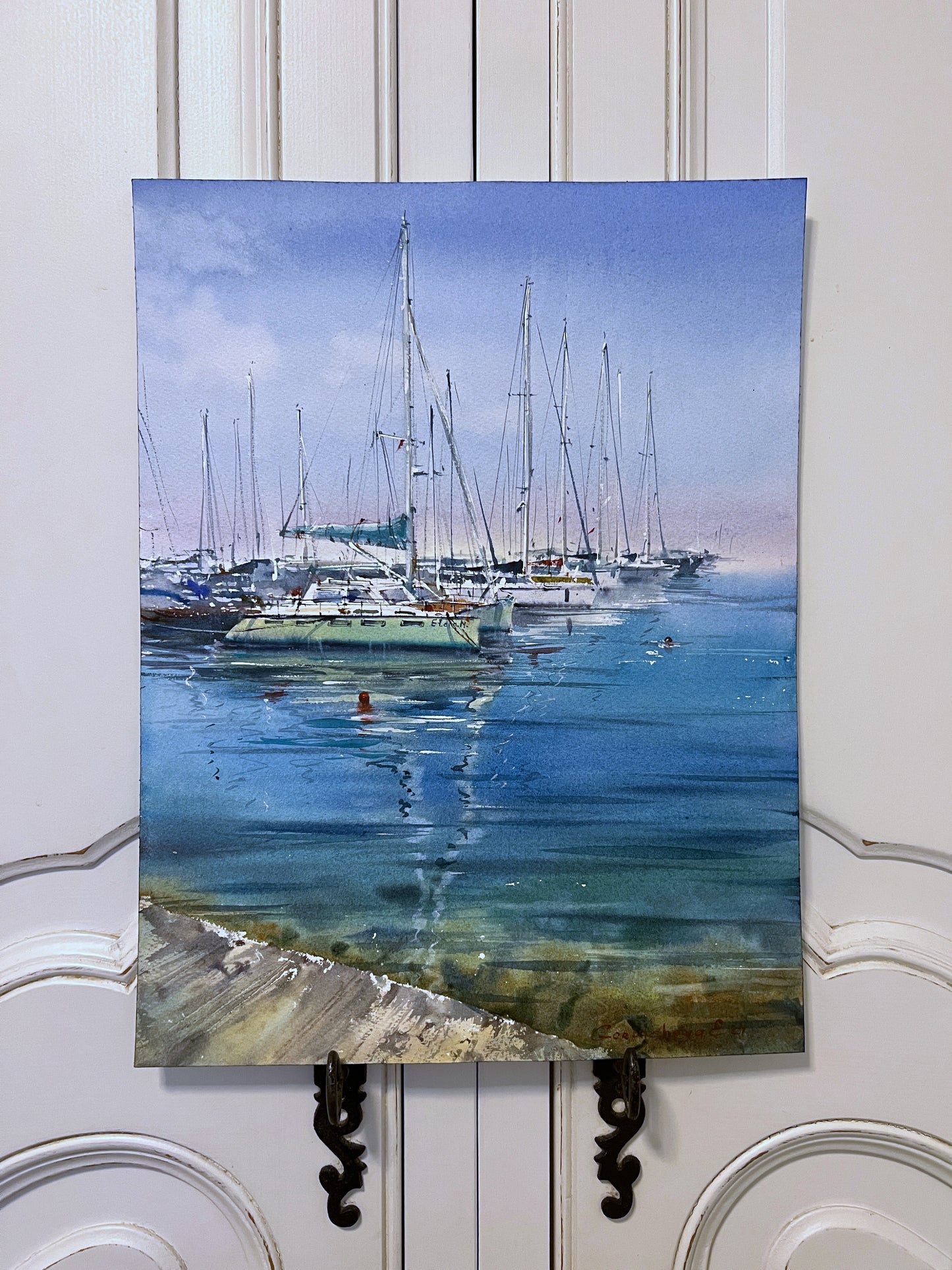 Yachts at Anchor #19 - Watercolor Painting - Blue Sea Marina Art