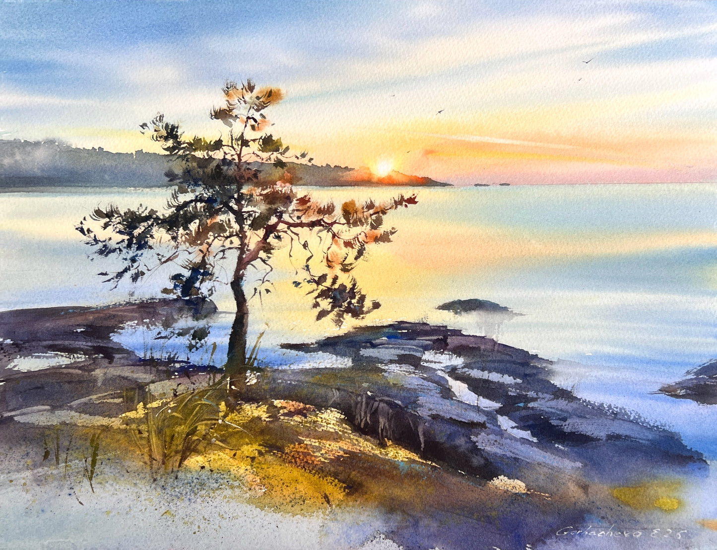 Ladoga Watercolor Painting, Lake Sunset Art, Golden Ladoga 12x16