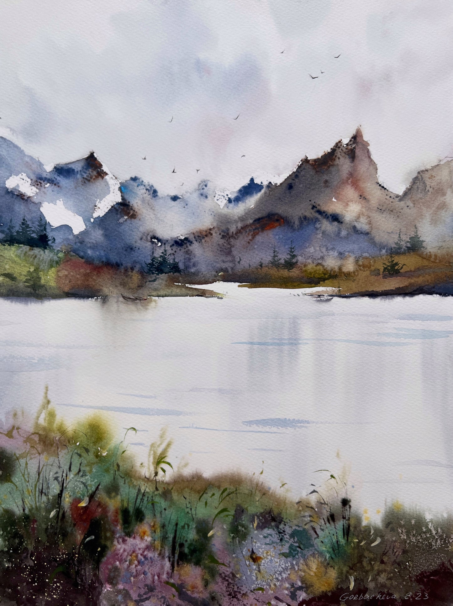 Abstract Mountain Painting Watercolour Original, Contemporary Art, Wall Decor, Modern Landscape With Lake, Wildflowers
