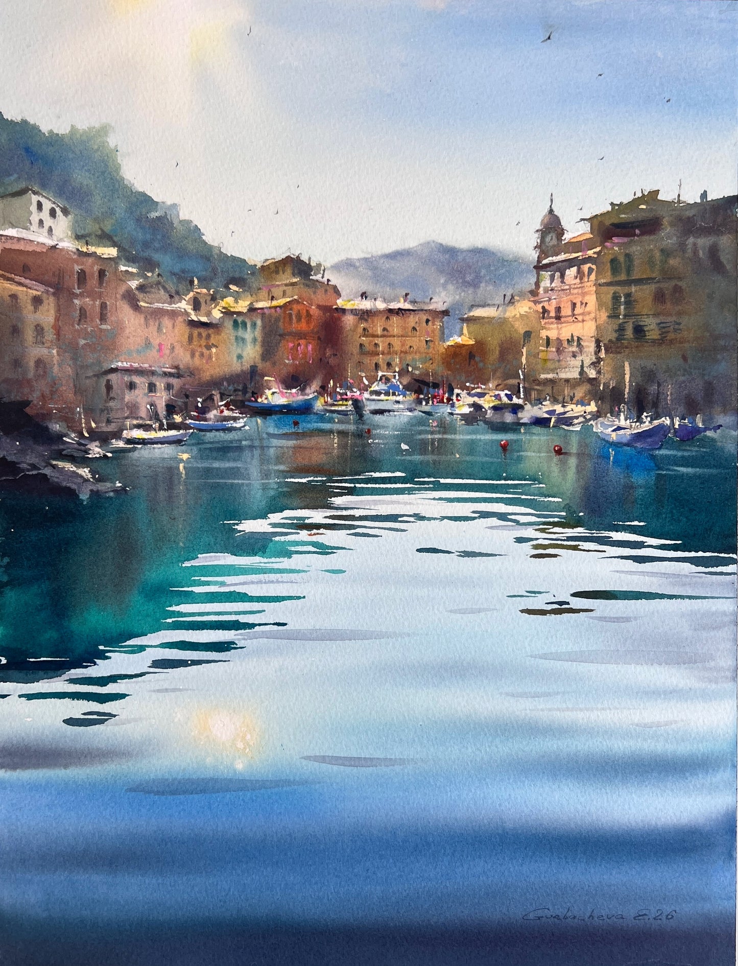 Coastal Harbor Art, Camogli Italy Watercolor Painting, Blue Italian Morning. Camogli #2 9x14 (Copy)