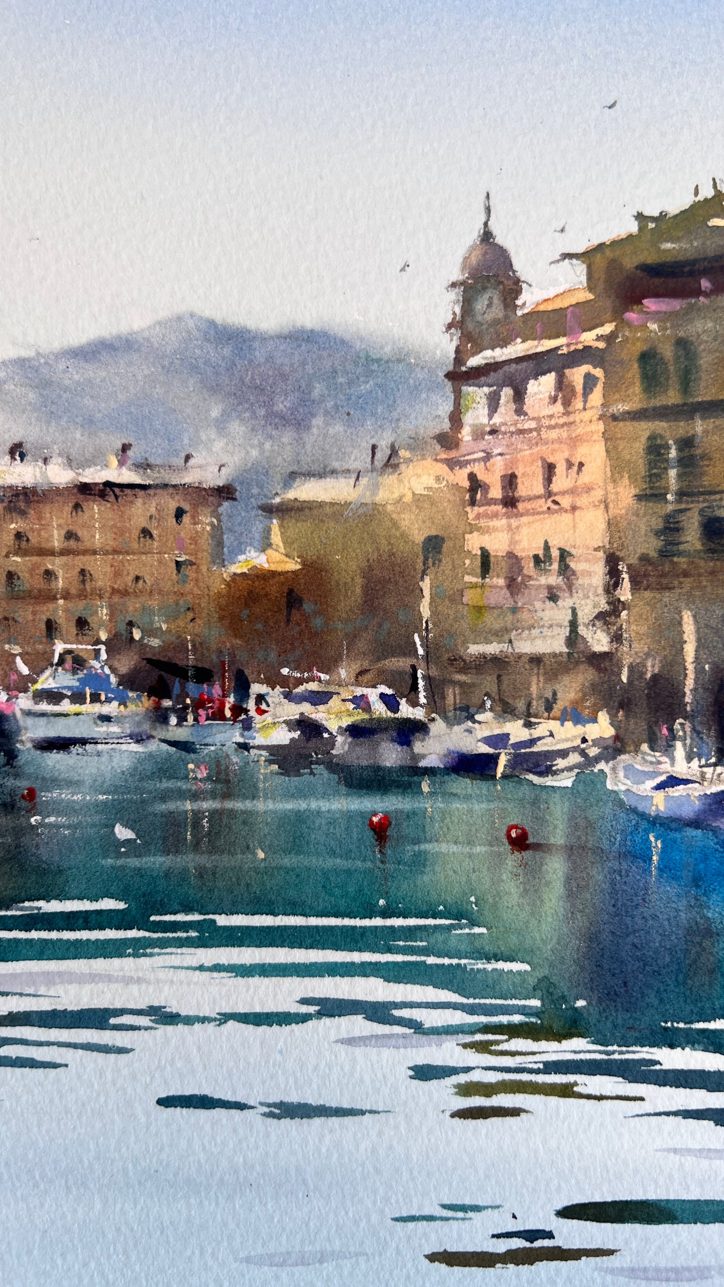 Coastal Harbor Art, Camogli Italy Watercolor Painting, Blue Italian Morning. Camogli #2 9x14 (Copy)