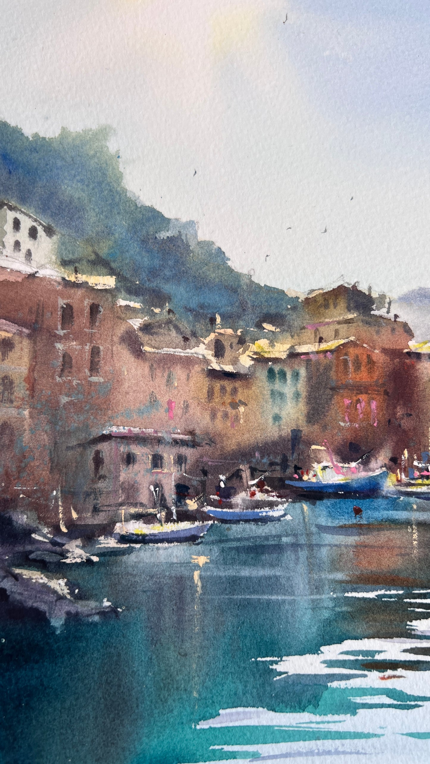 Coastal Harbor Art, Camogli Italy Watercolor Painting, Blue Italian Morning. Camogli #2 9x14 (Copy)