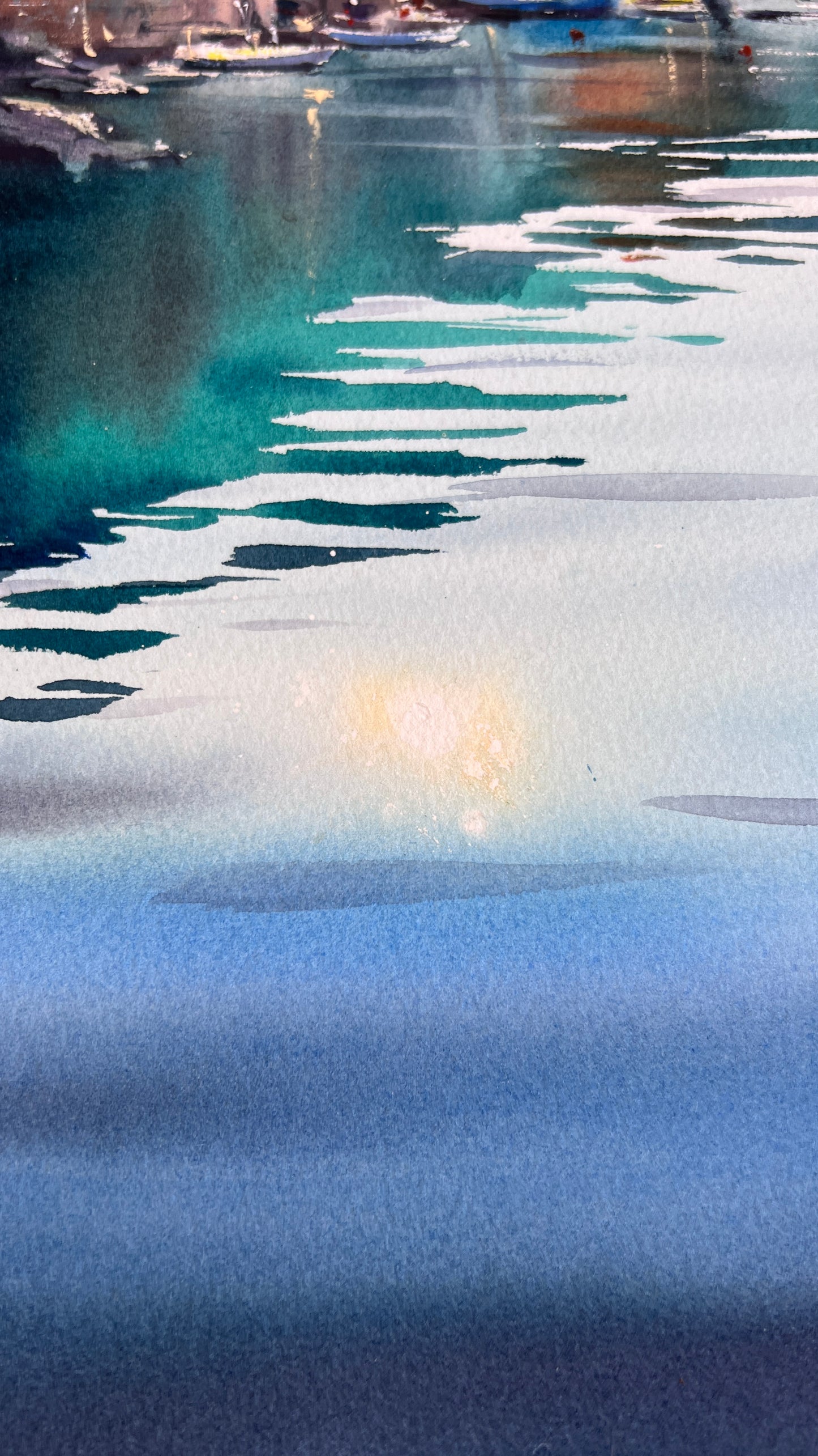 Coastal Harbor Art, Camogli Italy Watercolor Painting, Blue Italian Morning. Camogli #2 9x14 (Copy)