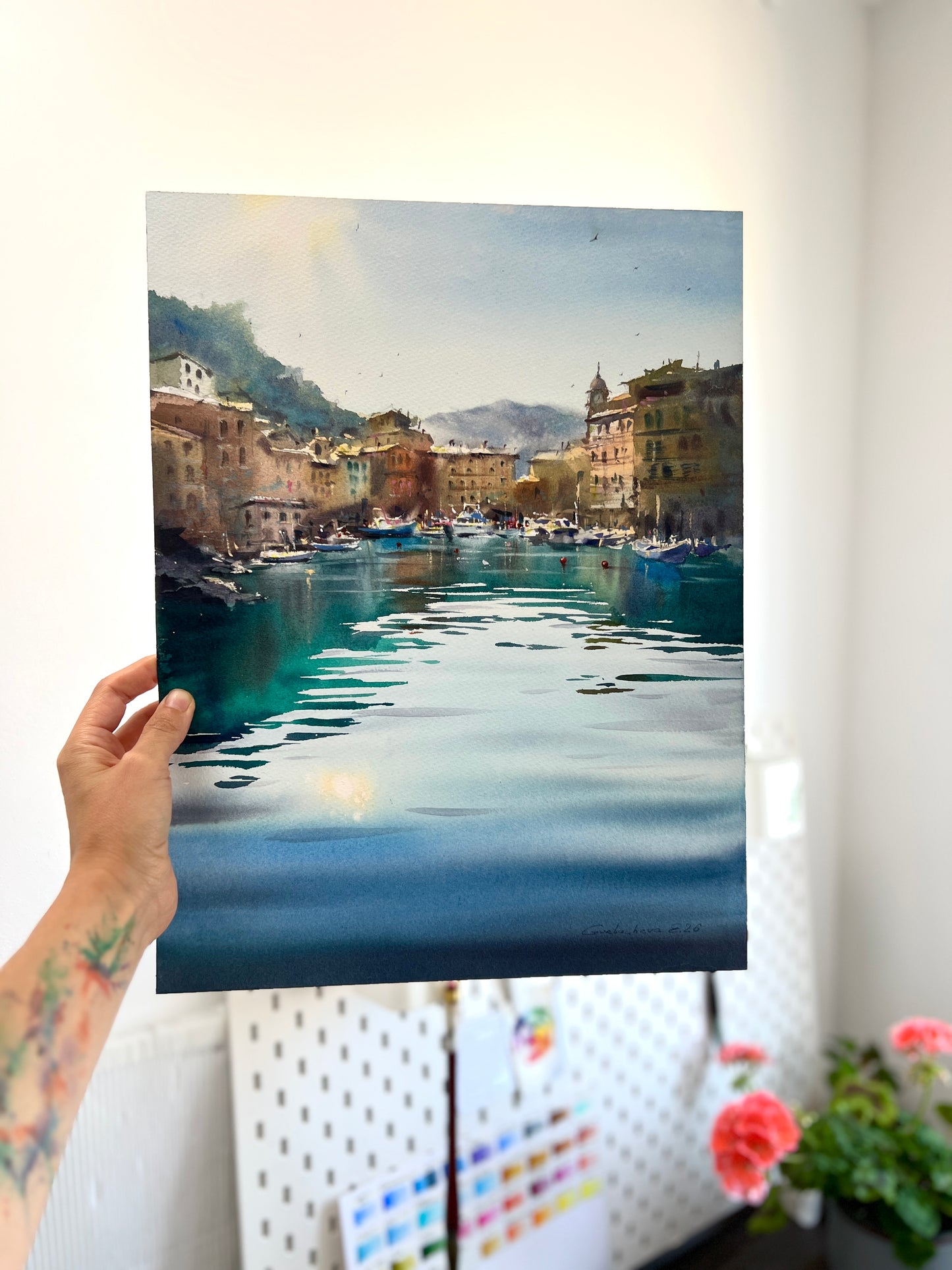 Coastal Harbor Art, Camogli Italy Watercolor Painting, Blue Italian Morning. Camogli #2 9x14 (Copy)