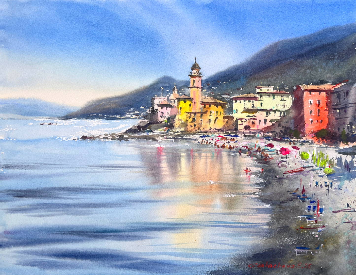 Camogli Italy Watercolor Painting, Coastal Wall Art, Morning in Camogli 12x16