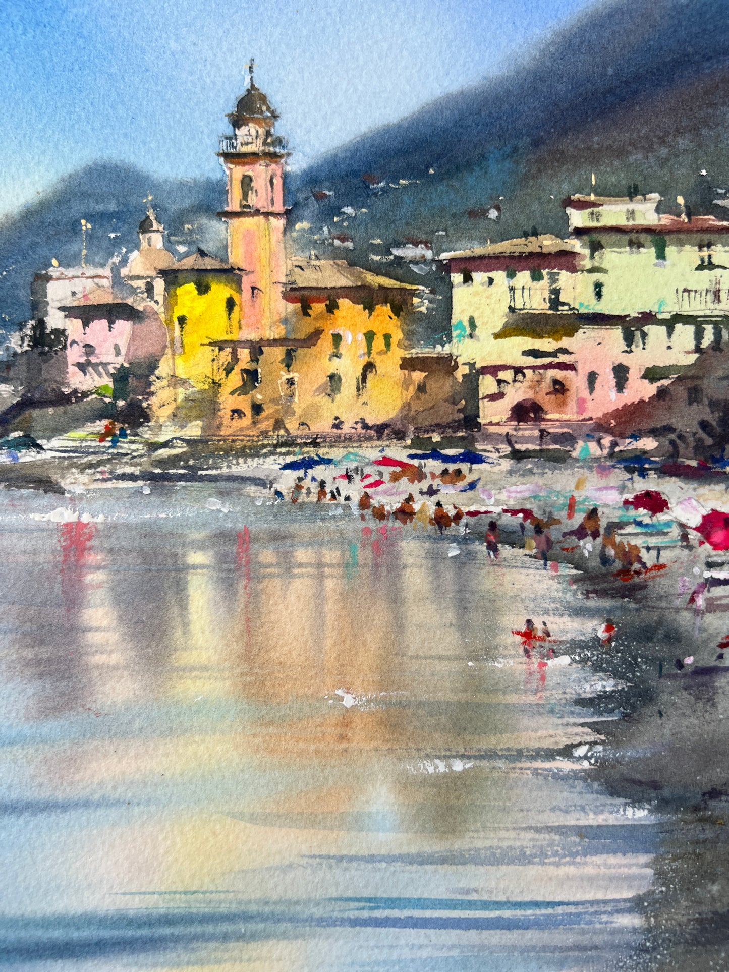 Camogli Italy Watercolor Painting, Coastal Wall Art, Morning in Camogli 12x16