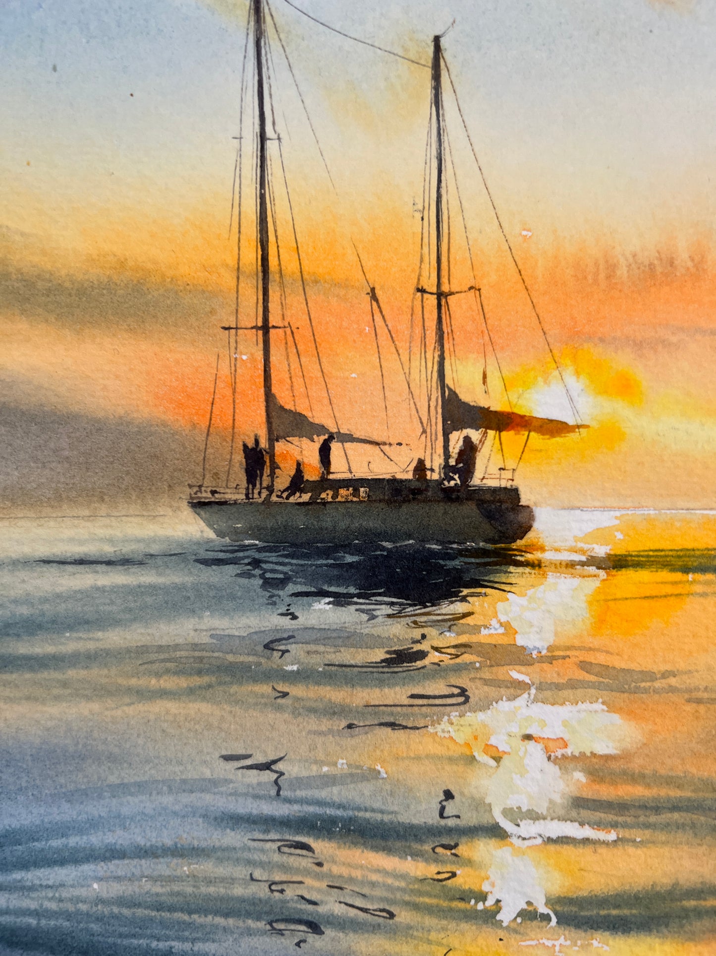 Watercolor Sailboat Painting Original, Sea Art - Yacht at Sunset #10