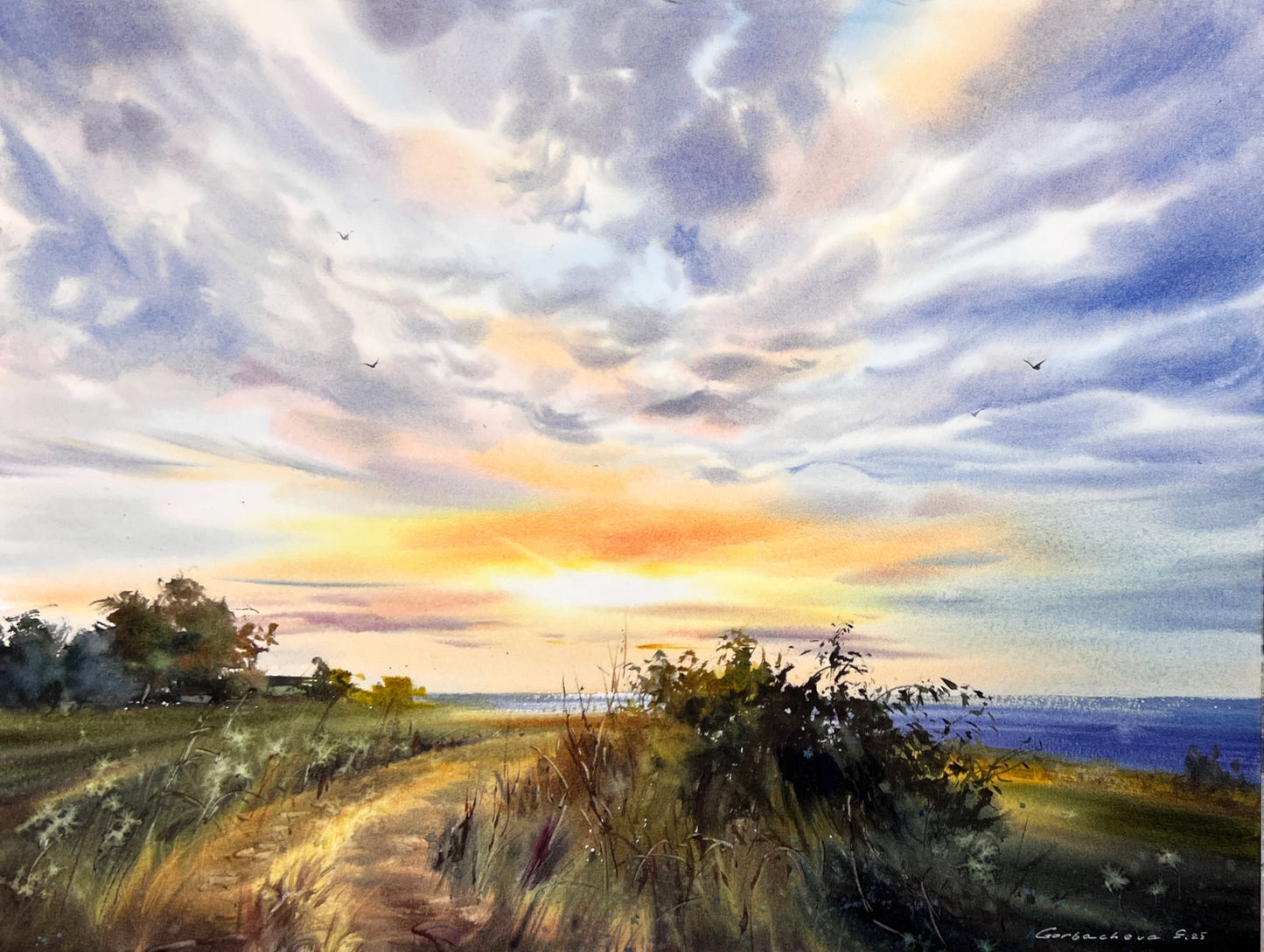 Original Cyprus Coast Watercolor Painting | Golden skyline of Cyprus 12x16 in