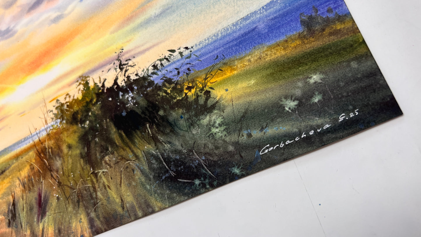 Original Cyprus Coast Watercolor Painting | Golden skyline of Cyprus 12x16 in