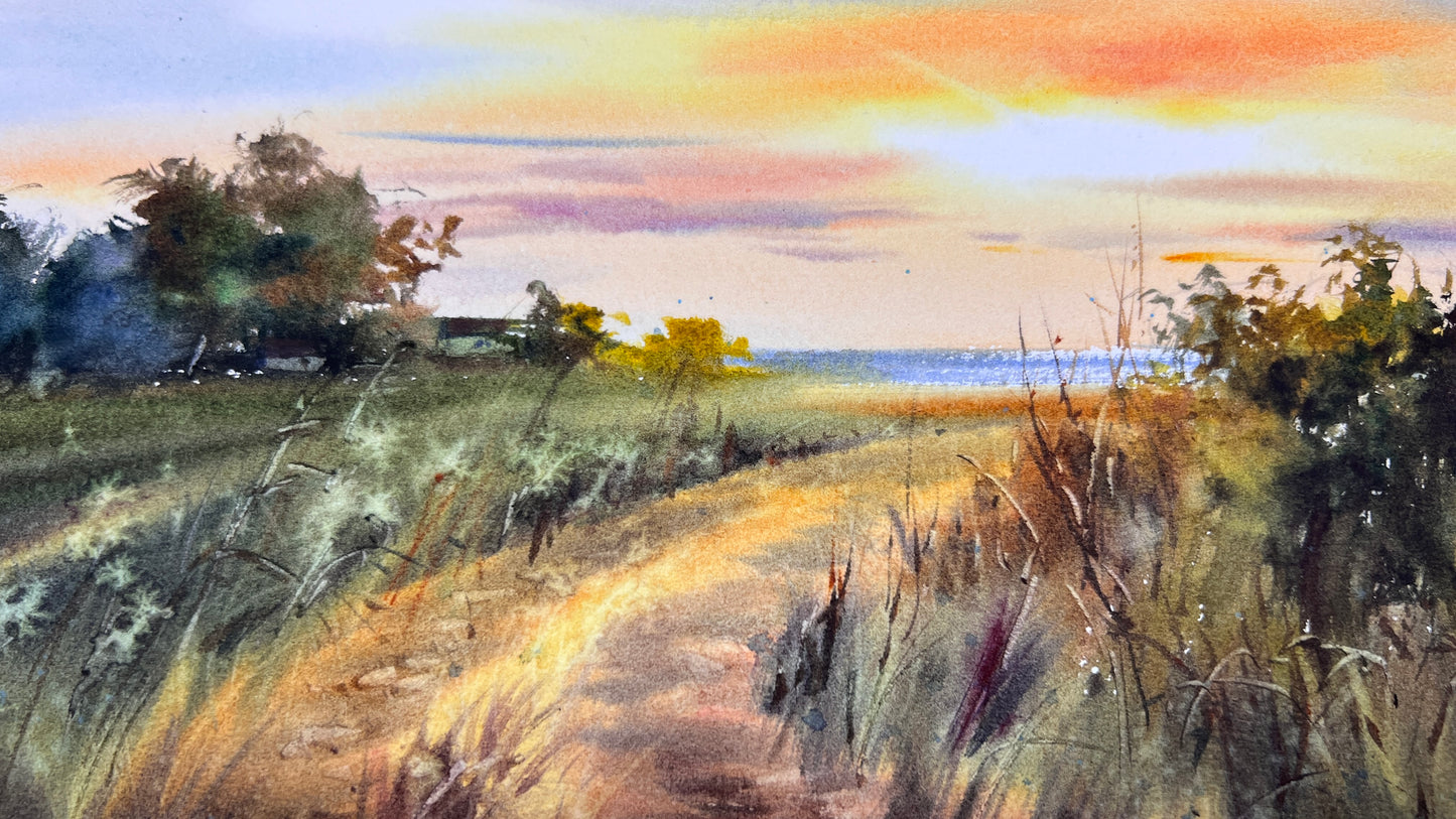 Original Cyprus Coast Watercolor Painting | Golden skyline of Cyprus 12x16 in